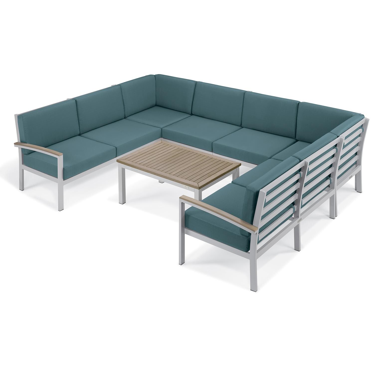 Oxford Garden 5272-PC.F Travira 7 Pc Aluminum Seating Set w/ Coffee Table in Vintage Tekwood/ Ice Blue by Oxford Garden - Set - White Background thumbnail