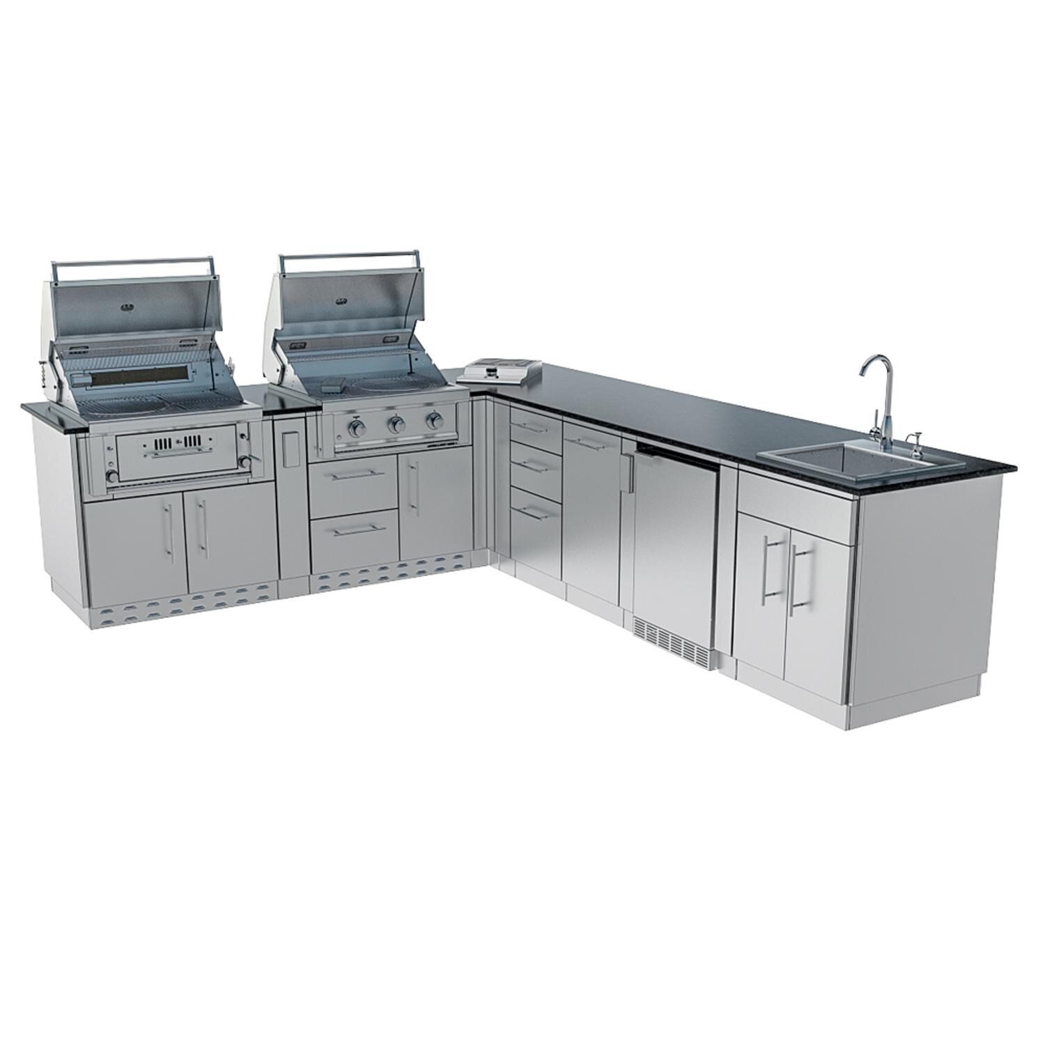 Sunstone Grills SCPTXTANGO19-NG Texas Tango 19 Ft Outdoor Kitchen Island w/ Natural Gas Grill & Side Burner, Sink, Refrigerator, Trash Bin, Door & Drawer - Grills Together & Open - White Background thumbnail