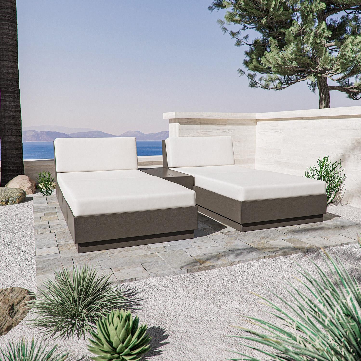 Elevate 5 Pc Recycled Plastic Double Chaise Lounge Seating Set in Vintage White /Navy Linen By PW Designer Series - Shown in Vintage Coffee/Natural Linen Finish - Lifestyle thumbnail