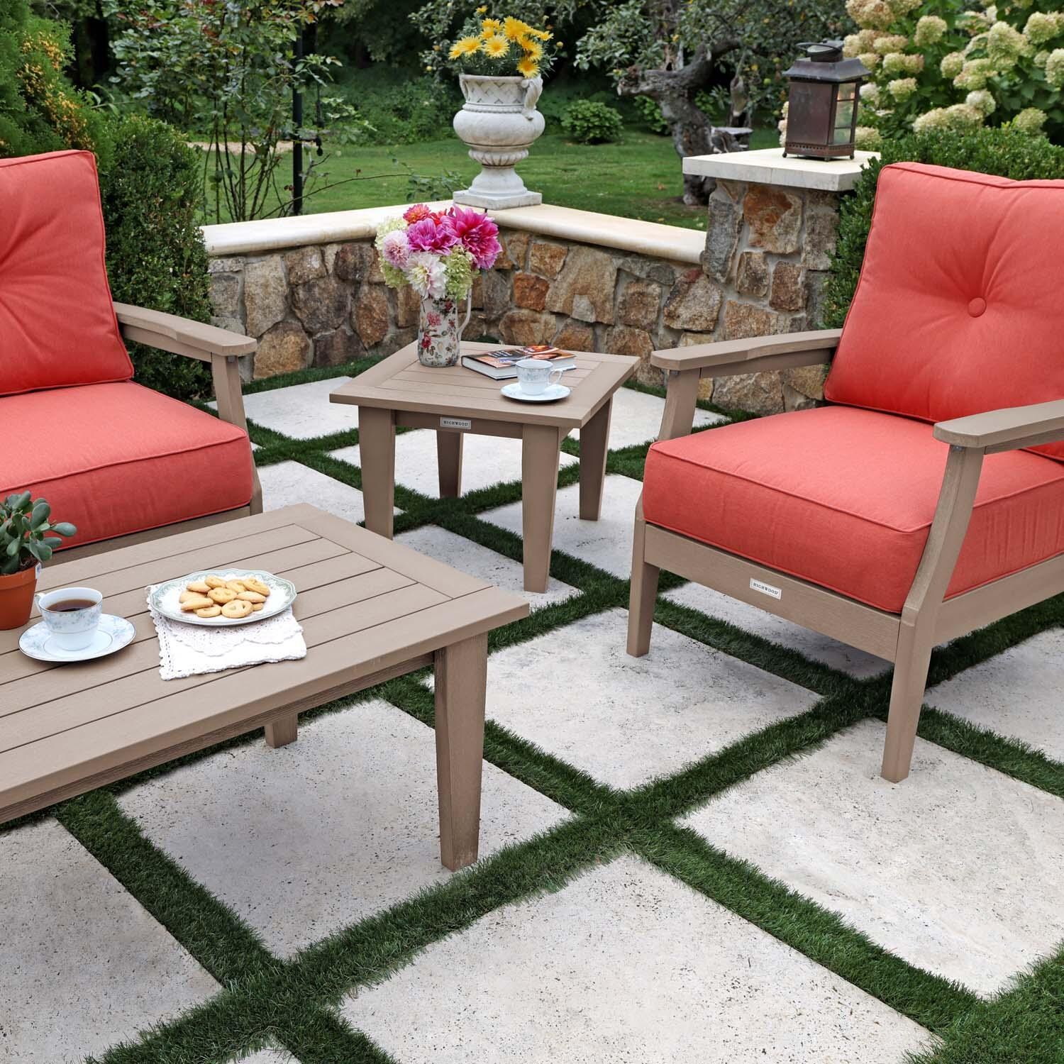 Blushing Bay 4 Pc Recycled Plastic Seating Set in Canvas Persimmon/Woodland Brown by Lakeview Outdoor Designs - Close Up End Table - Lifestyle thumbnail