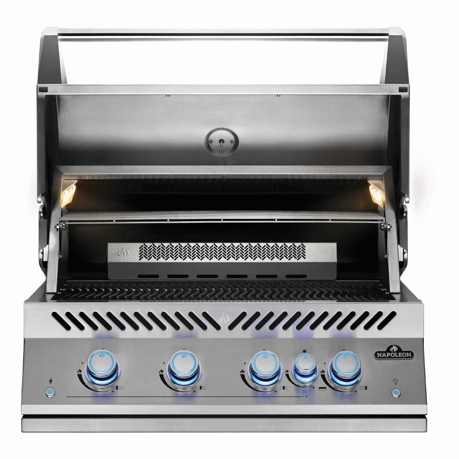Napoleon BIG32RBNSS-1 Natural Gas Grill - Front Lid Open With Warming Rack - White Background thumbnail
