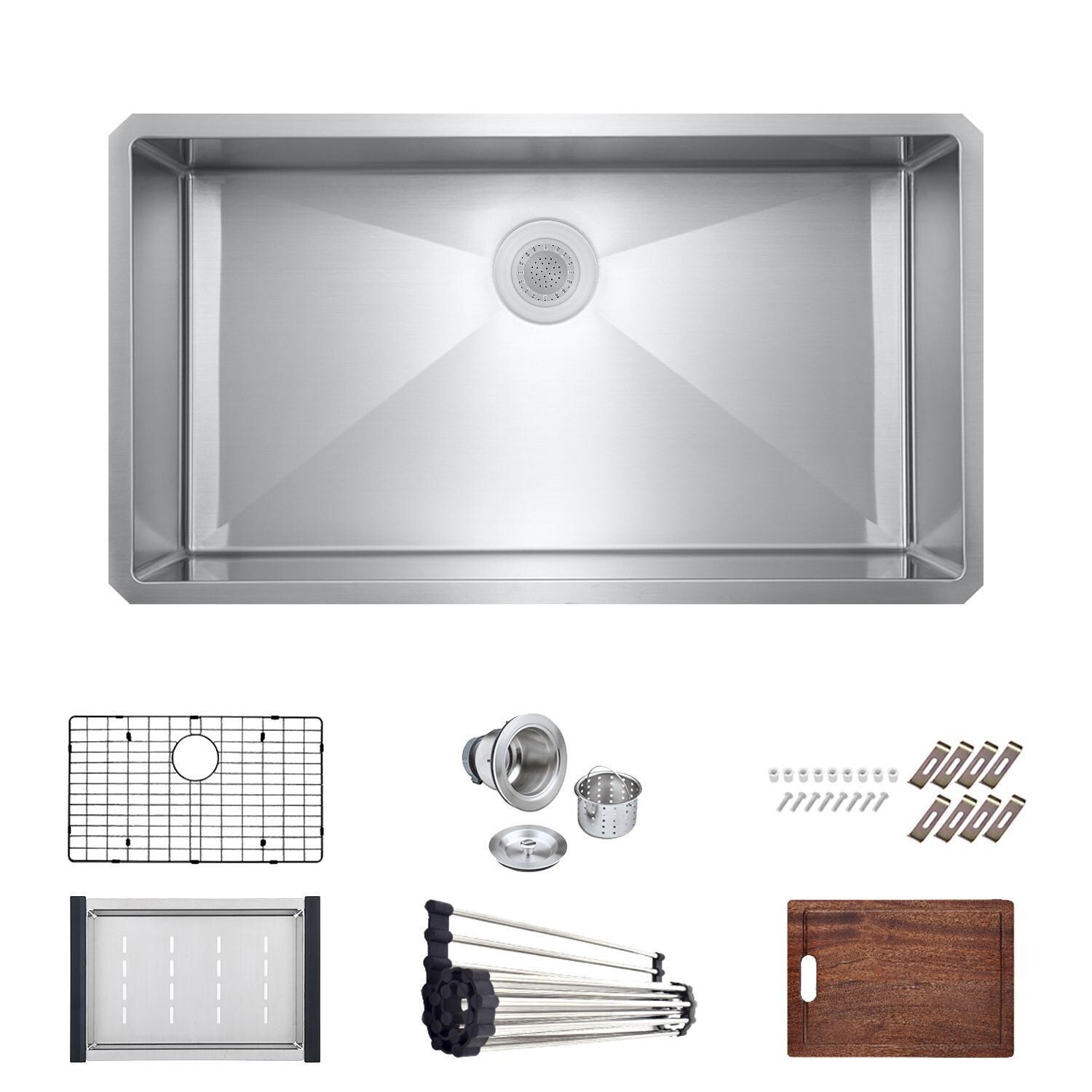 BBQGuys Signature Undermount Stainless Steel Kitchen 33-Inch Workstation Sink W/Grid, Strainer, and 3 Accessories - White Background thumbnail