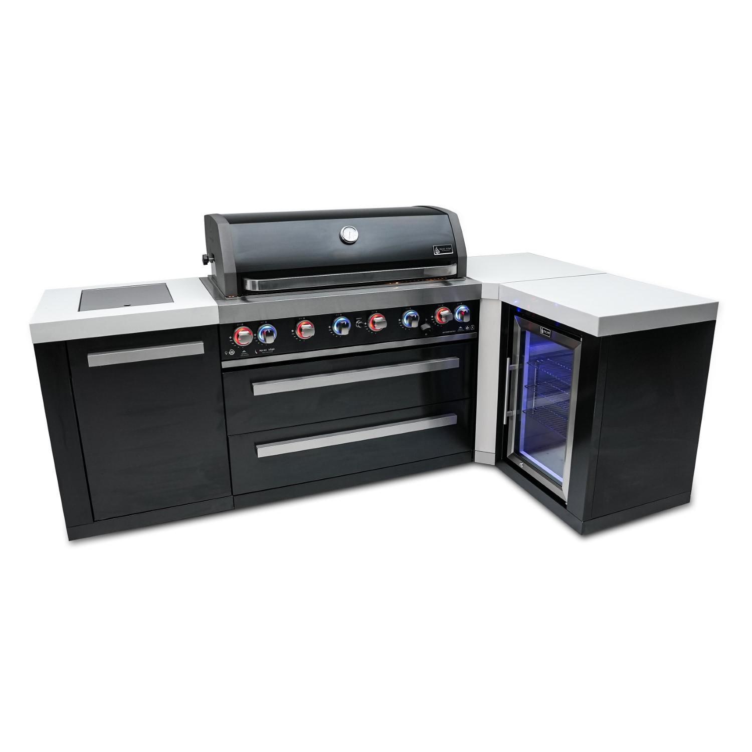 Mont Alpi - MAi805-BSS90FC - Deluxe 90 Degree Propane Gas Island Grill W/ Refrigerator Cabinet, Infrared Side Burner, & Rotisserie Kit - Black Stainless Steel - Closed Burners On Front - White Background