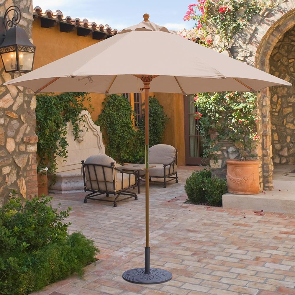 9 foot brown patio umbrella wikiwiki 9FT with Base, Outdoor Umbrellas with Base Included, 8 Sturdy Ribs, Waterproof Fade Resistant POLYESTER DTY Canopy for Deck, Lawn, Garden, Backyard & Pool, Tan : Patio Patio umbrella featuring a durable aluminum pole and 8 steel ribs California Umbrella 9' Wood Market