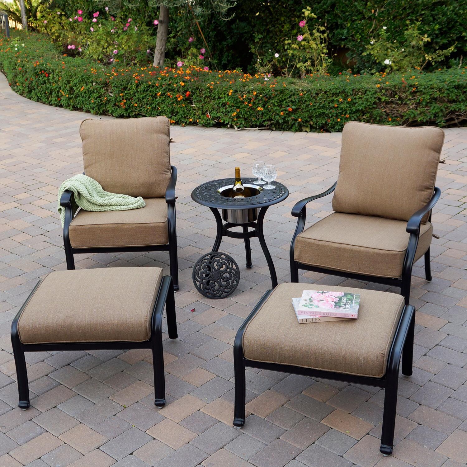 Darlee Capri 5 Piece Cast Aluminum Patio Conversation Set W/ 24-Inch Round Ice Bucket End Table & Sesame Cushions thumbnail