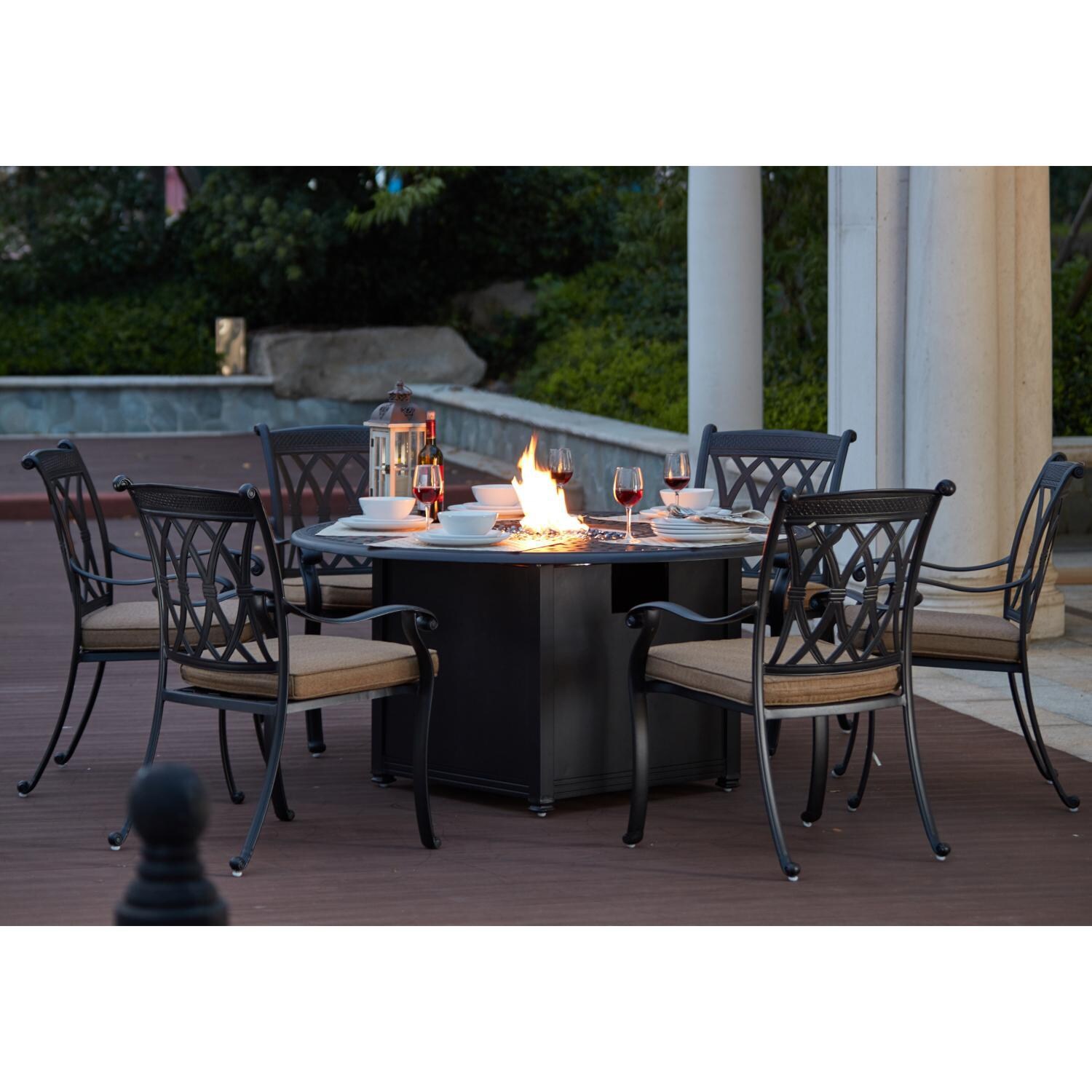 Darlee B/201660-7PC-60GD Capri 7 Piece Cast Aluminum Patio Fire Pit Dining Set W/ 60 Inch Round Table & Sesame Cushions - Lifestyle thumbnail