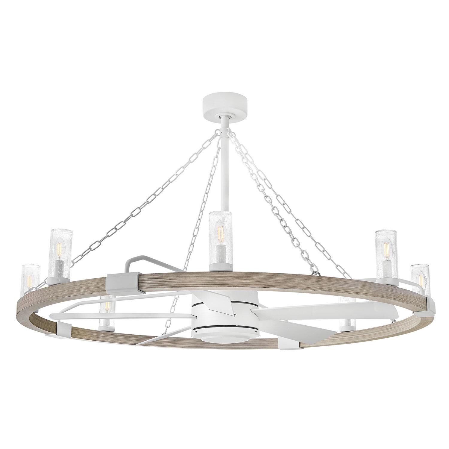 Hinkley Lighting 906144FMW-LWD Sawyer 52-in Indoor / Outdoor Smart Fandelier w/ 44-in Fan & LED Lighting - Matte White - Below View - White Background thumbnail