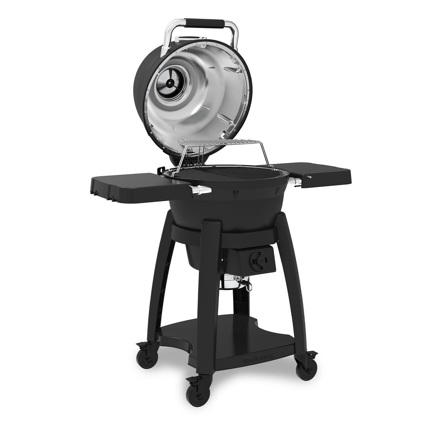 Broil King 420150 Keg Charcoal Kamado Grill - Lid Up - Angled - White Background thumbnail