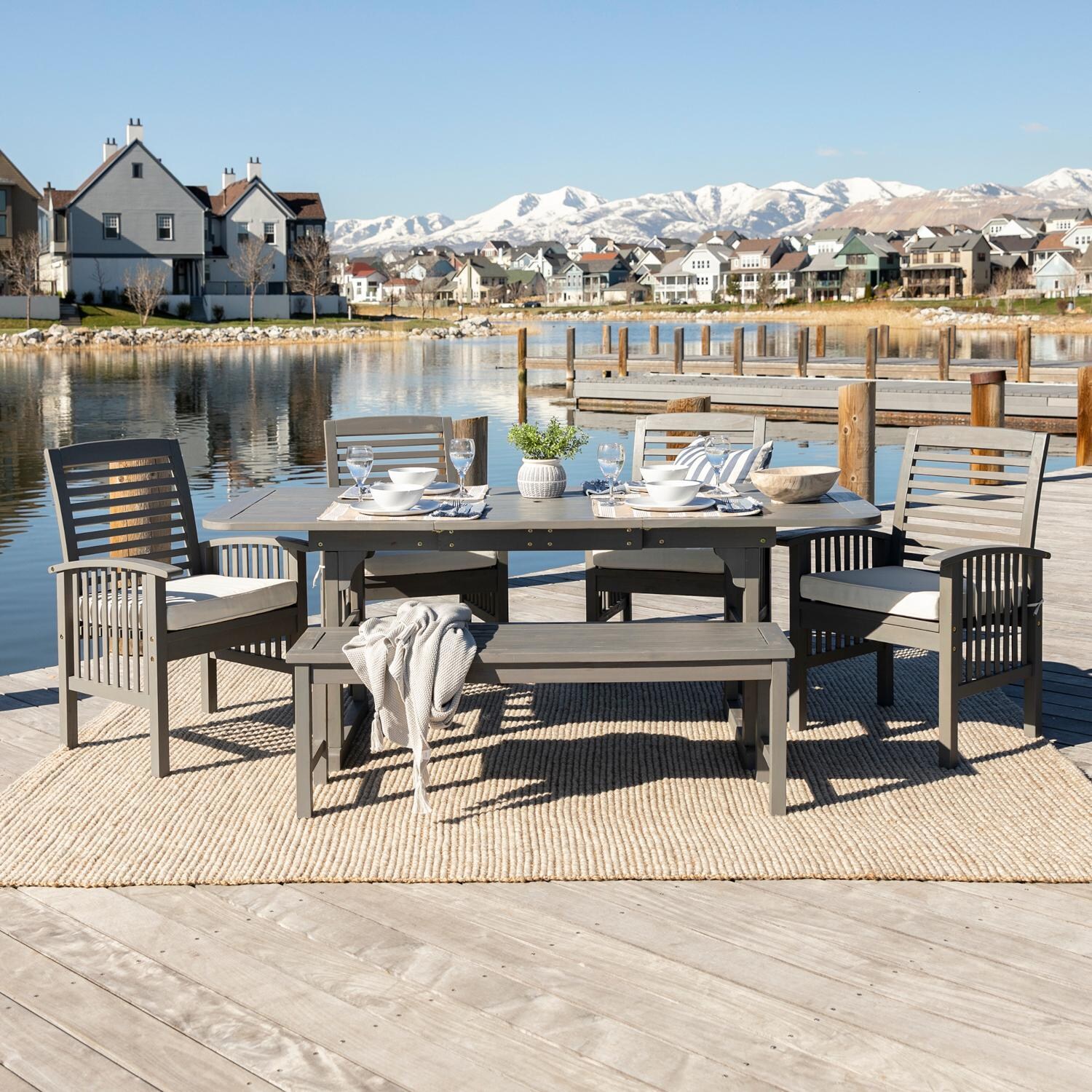 Walker Edison Classic 6 Piece Acacia Patio Dining Set W/ 55-79 X 35 Inch Extension Rectangular Table - Grey Wash image