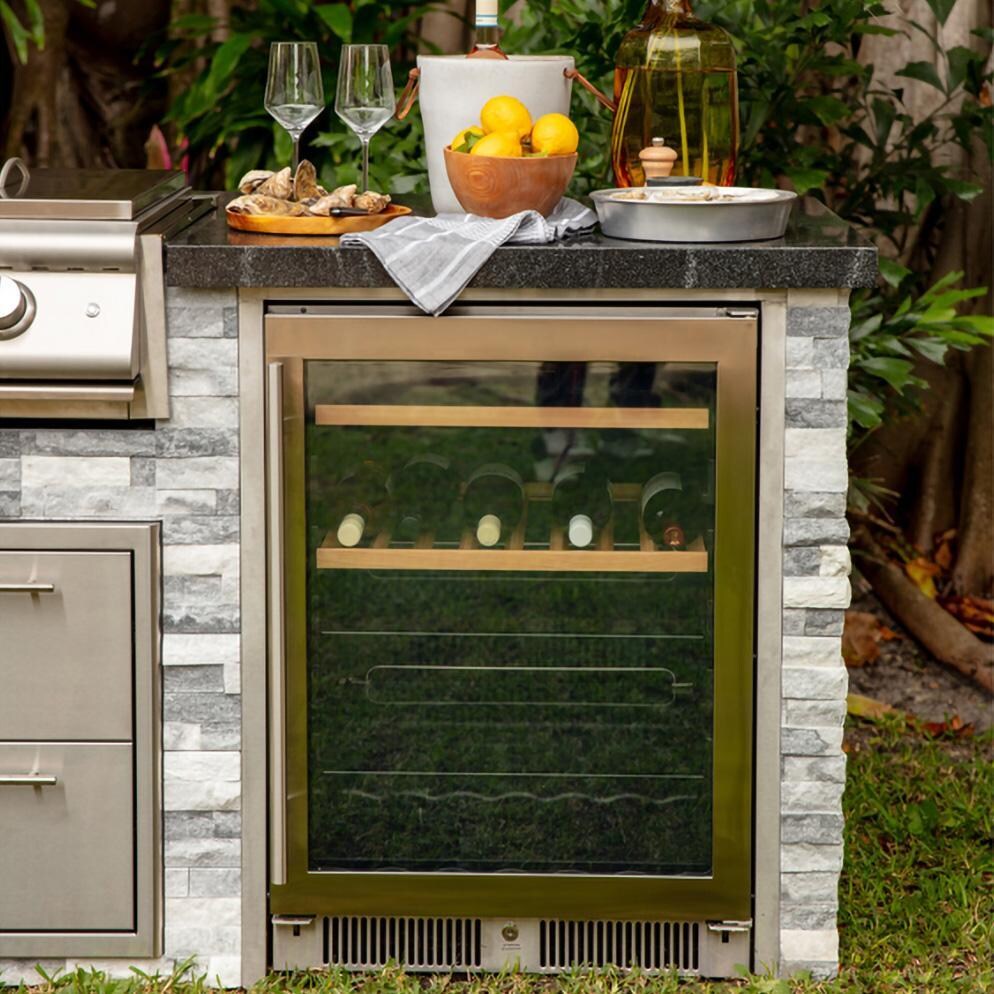 BBQGuys Signature 8 Ft Outdoor Kitchen Island w/ Blaze Premium LTE+ 32-Inch Natural Gas Grill, Premium LTE+ Power Burner, 24-Inch Beverage Cooler - Alaska Gray Stone w/ American Black Polished Granite - Beverage Cooler - Lifestyle thumbnail