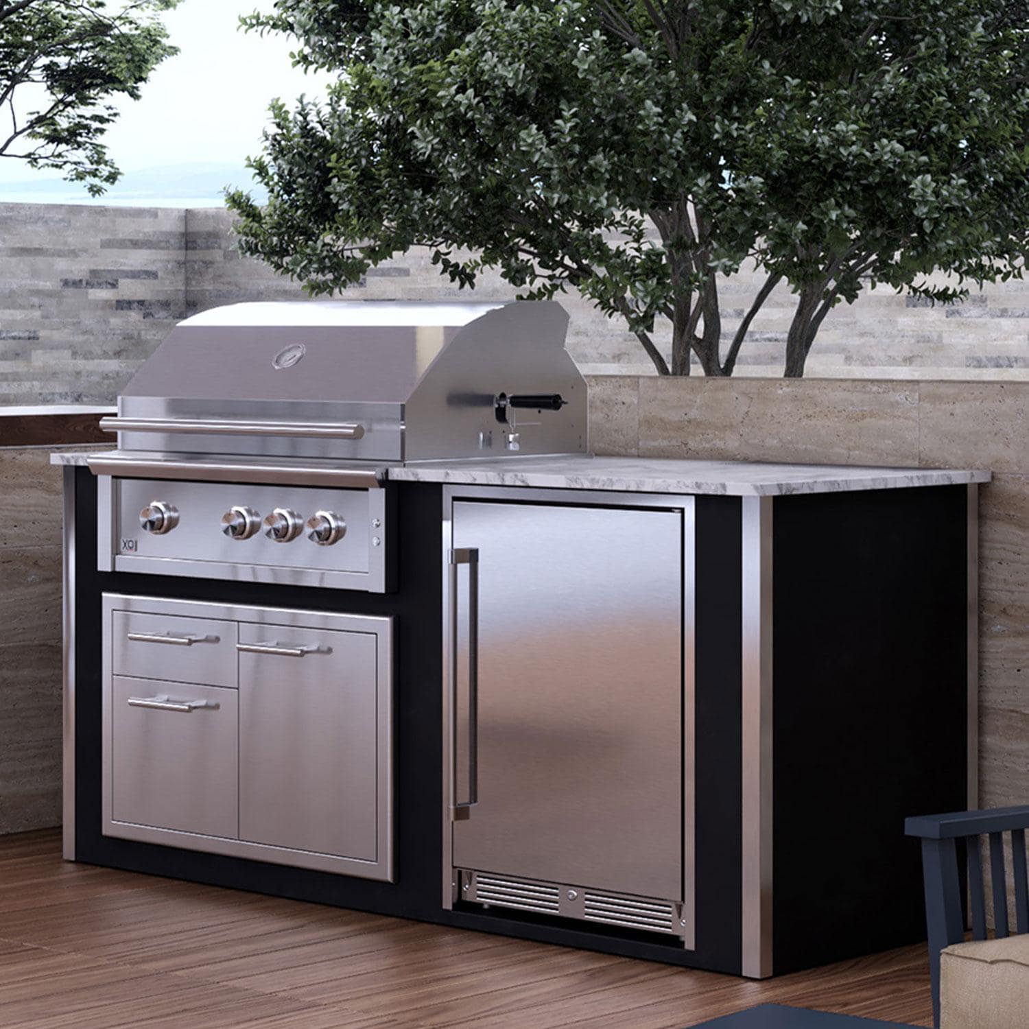 XO Designer 6 1/2 Ft Outdoor Kitchen Island w/ 36-in Natural Gas Pro-Grade Grill, Door & Drawer, & Outdoor Refrigerator in White - Shown in Black finish - Lifestyle thumbnail