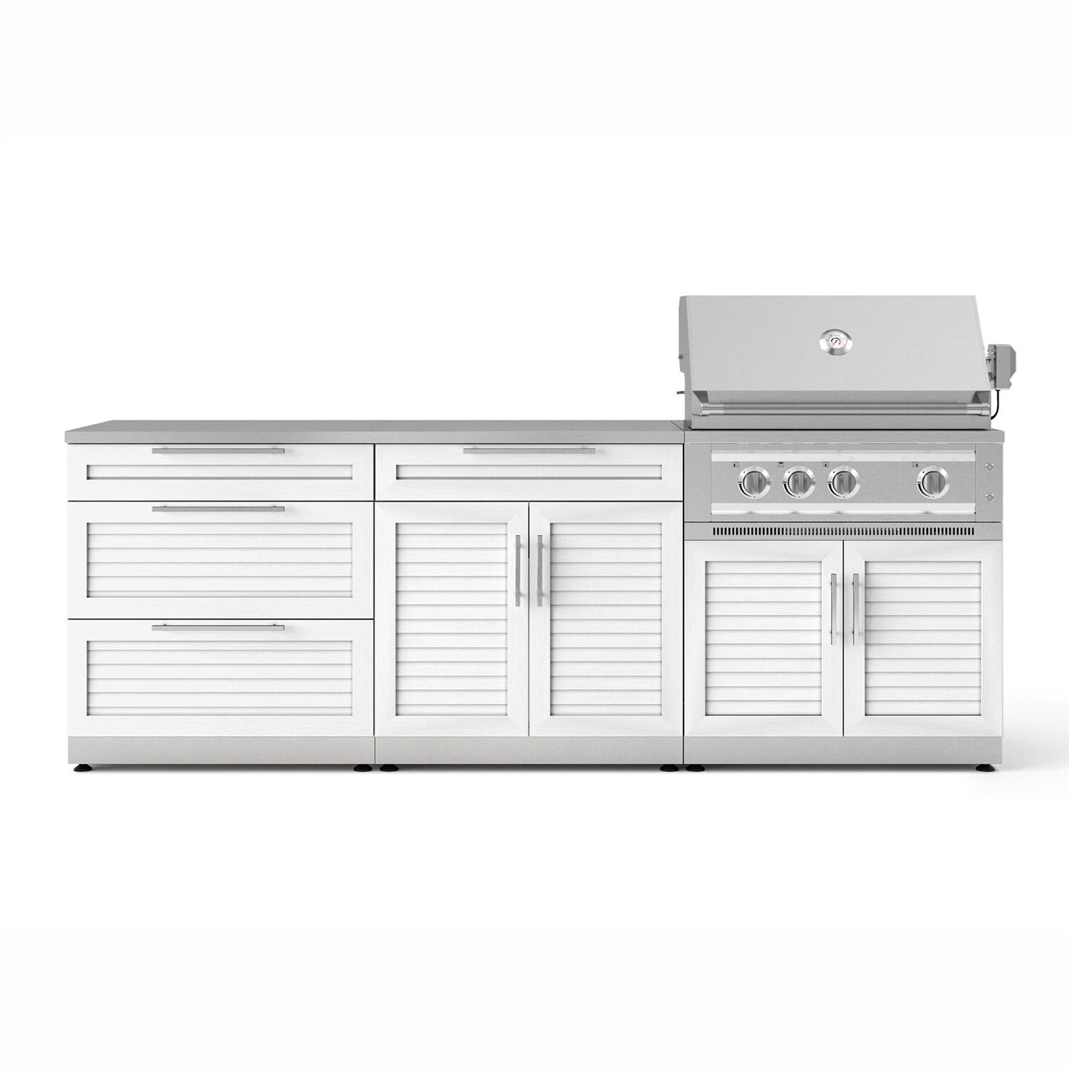 NewAge Products Classic Series 8 Ft Outdoor Kitchen Island w/ 33-in Propane Grill, Trash Bin, Door & Drawer in White/Stainless Steel