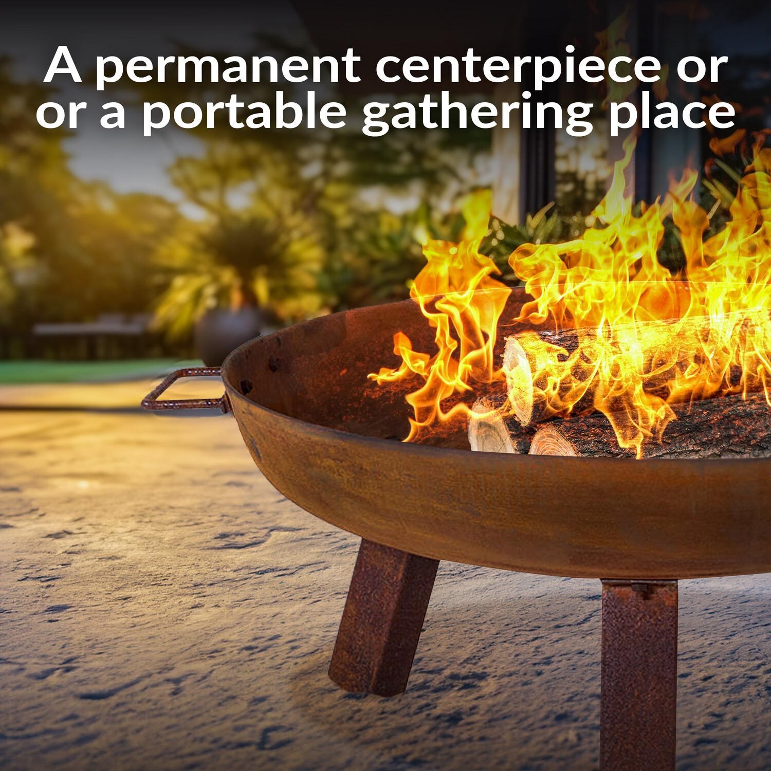 Ultimate Patio RCM-LG620 24 Inch Round Cast Iron Wood-Burning Fire Pit in Rust - Flame Close-Up - Lifestyle thumbnail