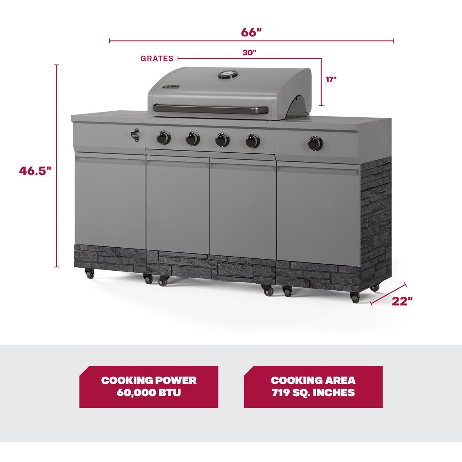 TYTUS Fresno Series 5-Burner Natural Gas Island Grill in Gunmetal + Graphite Stone w/ Cover & Griddle (Ships Propane w/ Conversion Kit) - Measurements - Dimensional thumbnail