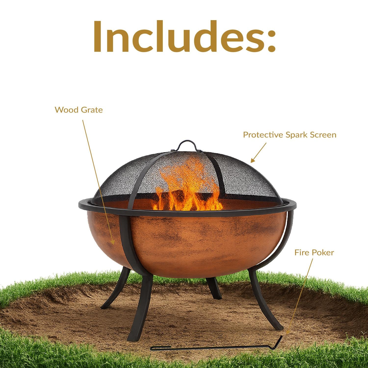 Ultimate Patio NB-550 32 Inch Round Steel Wood-Burning Fire Pit in Copper - Included Accessories - Detail thumbnail