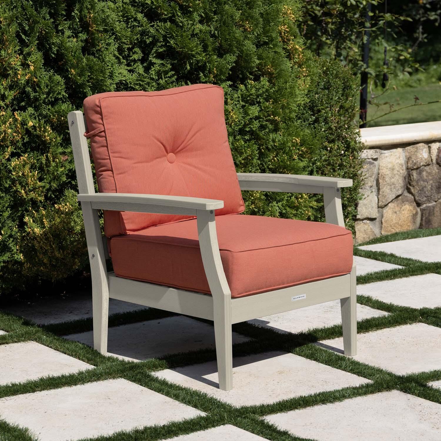 Blushing Bay Recycled Plastic Club Chair in Canvas Persimmon/Whitewash by Lakeview Outdoor Designs - On Patio - Lifestyle thumbnail