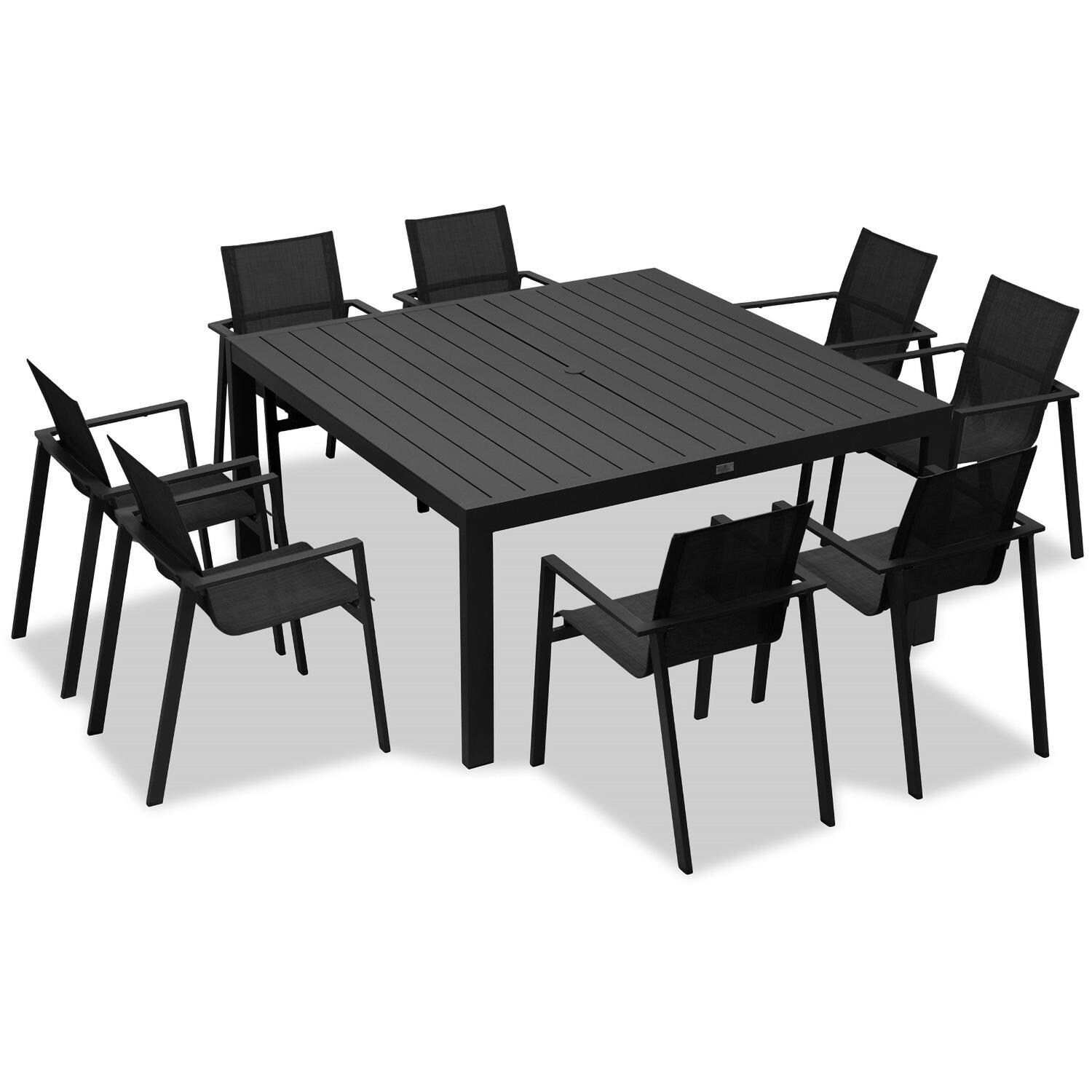 Spring Bay 8 Seat Square Dining Set in Black - Angled View From Above - White Background thumbnail