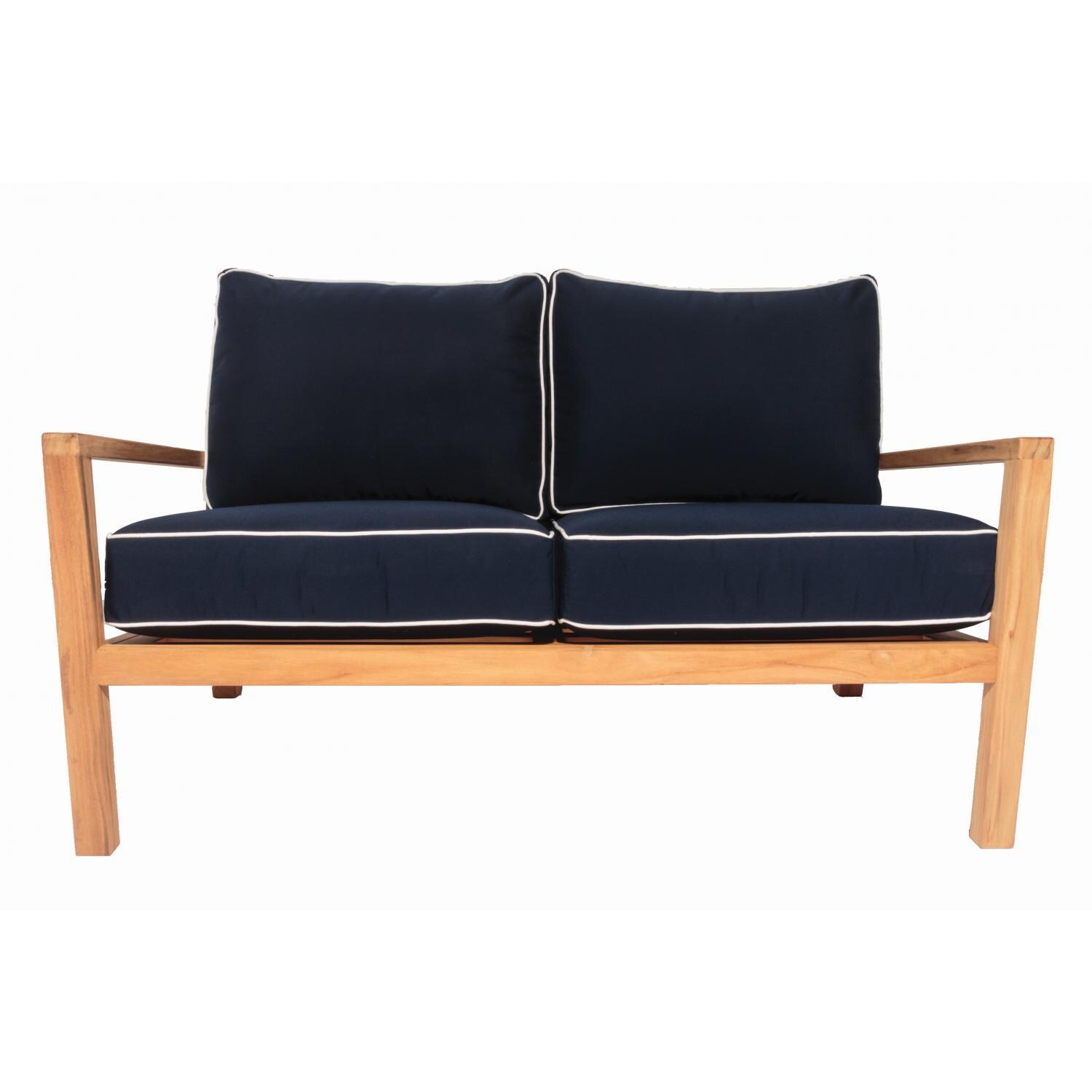 Royal Teak Collection Coastal 2 Person Teak Patio Loveseat w/ Sunbrella Canvas Navy Cushions - White Background thumbnail