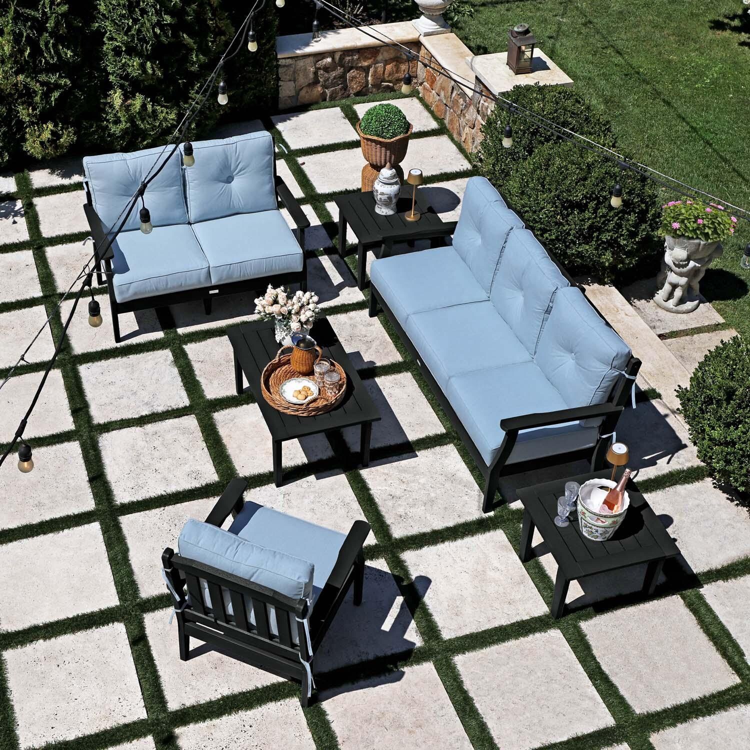 Blushing Bay 6 Pc Recycled Plastic Grand Seating Set in Bliss Dew/Black by Lakeview Outdoor Designs - Top View - Lifestyle thumbnail