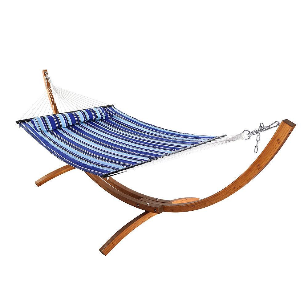 Sunnydaze Decor Quilted Double Hammock w/ 12-Foot Wood Stand & Pillow - Catalina Beach - QFHCB-12WHS-COMBO