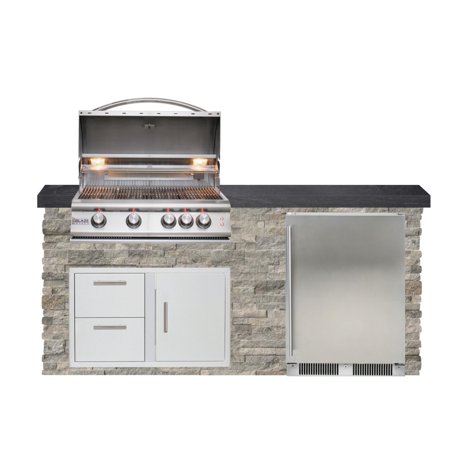 BBQGuys Signature 6ft Luxury Outdoor Island W/ Blaze Premium LTE 32-Inch Propane Grill & Outdoor Rated Refrigerator - Silver Travertine Stone w/ Black Polished Granite