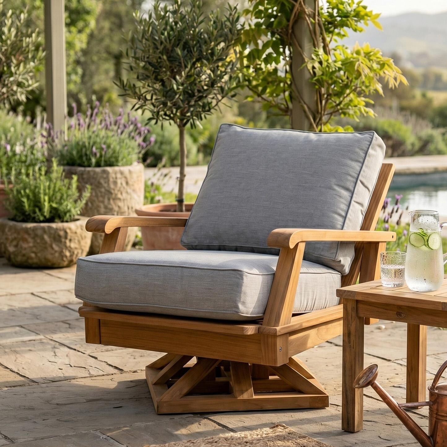 Royal Teak Collection MIASWG Miami Teak Swivel Chair w/ Sunbrella Cushions in Canvas Granite - On Patio - Lifestyle thumbnail