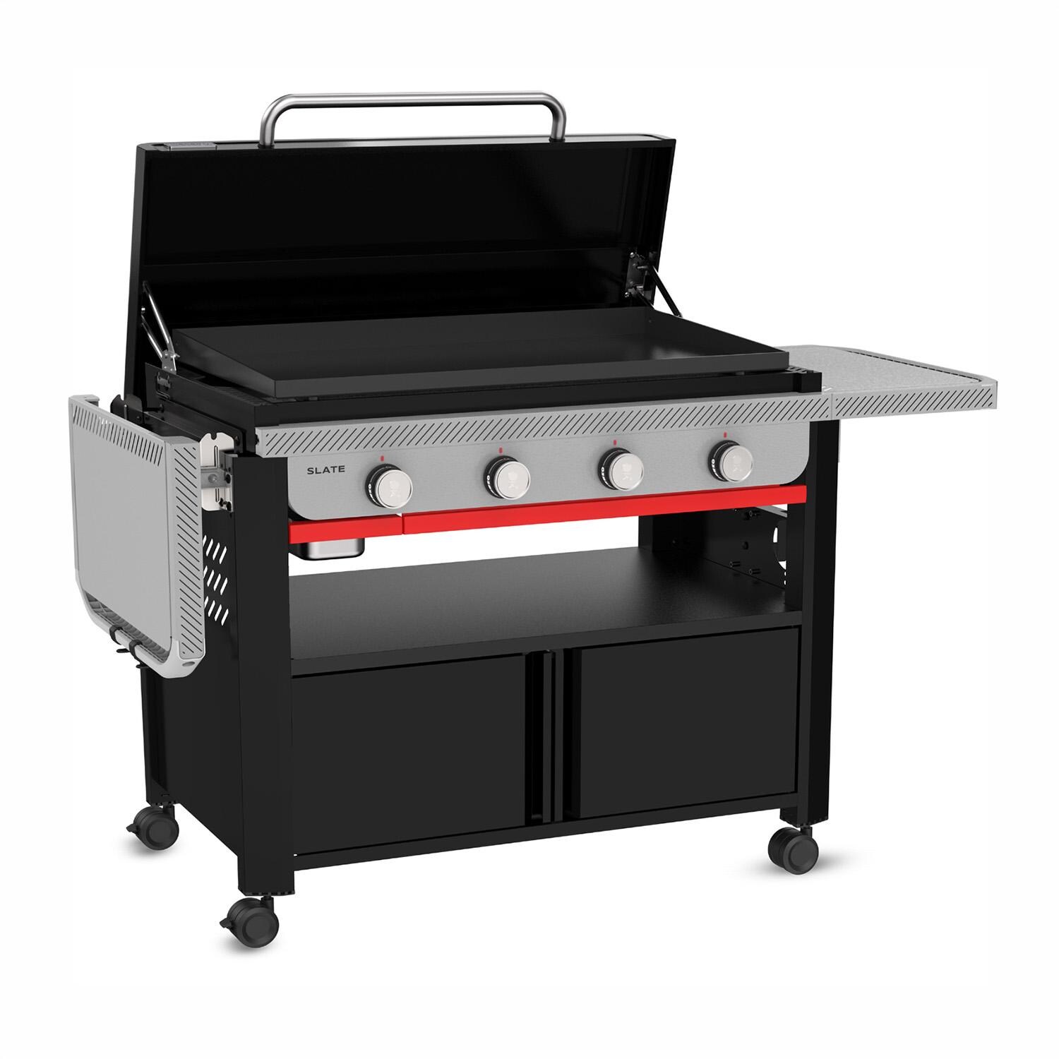 Weber Grills 1502283 Slate 36-in 4 Burner Propane Rust-Resistant Griddle w/ Closed Cabinet - Black - Angled Right One Shelf Down/Open - White Background thumbnail