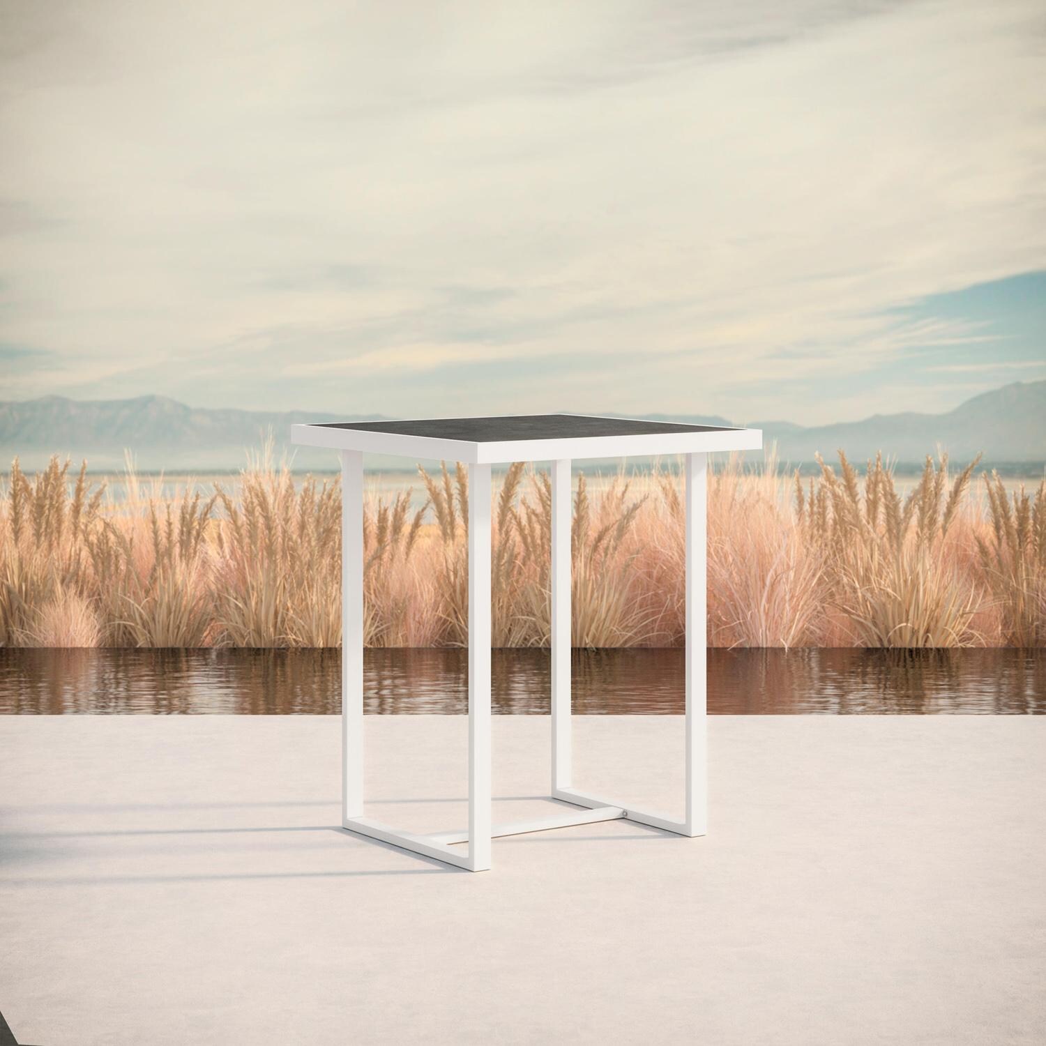 Azzurro Living Pavia 35 Inch White Aluminum Bar Table W/ Micron Dekton Top - Lifestyle thumbnail
