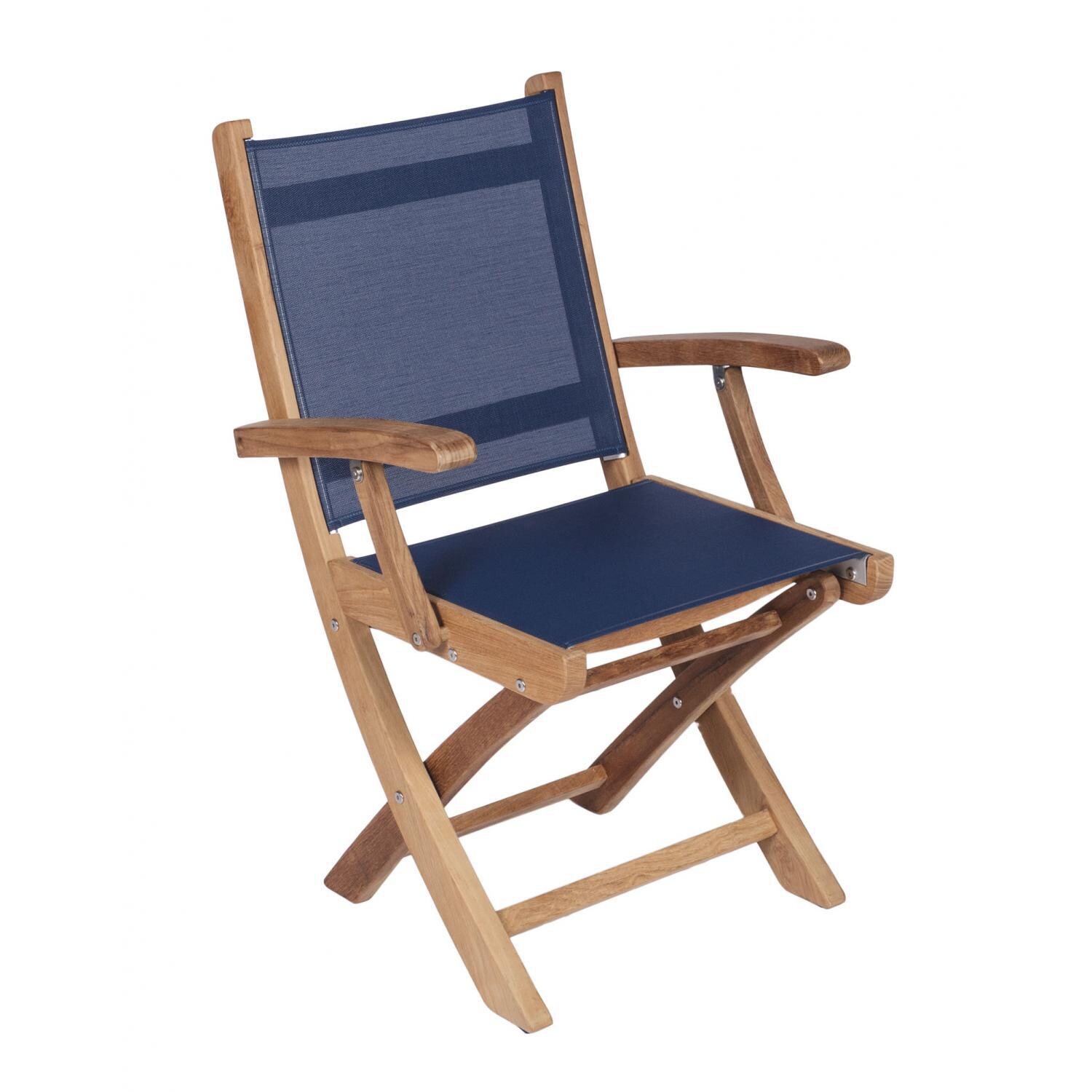 Royal Teak Collection SailMate Folding Teak Patio Dining Arm Chair With Navy Sling thumbnail