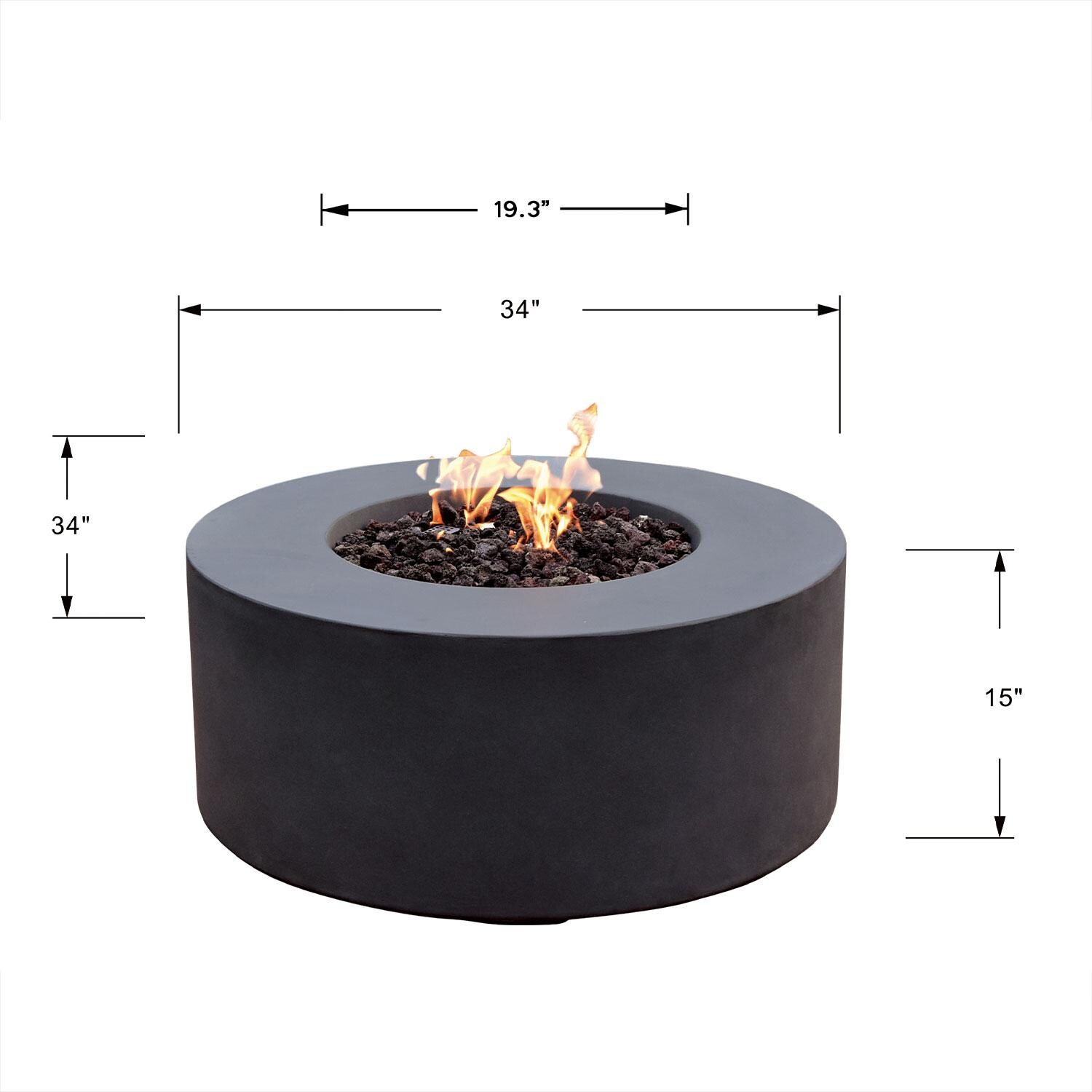 Venice OFG113-LP 34 Inch Round Concrete Propane Fire Pit Table in Black By Elementi - Dimensional thumbnail