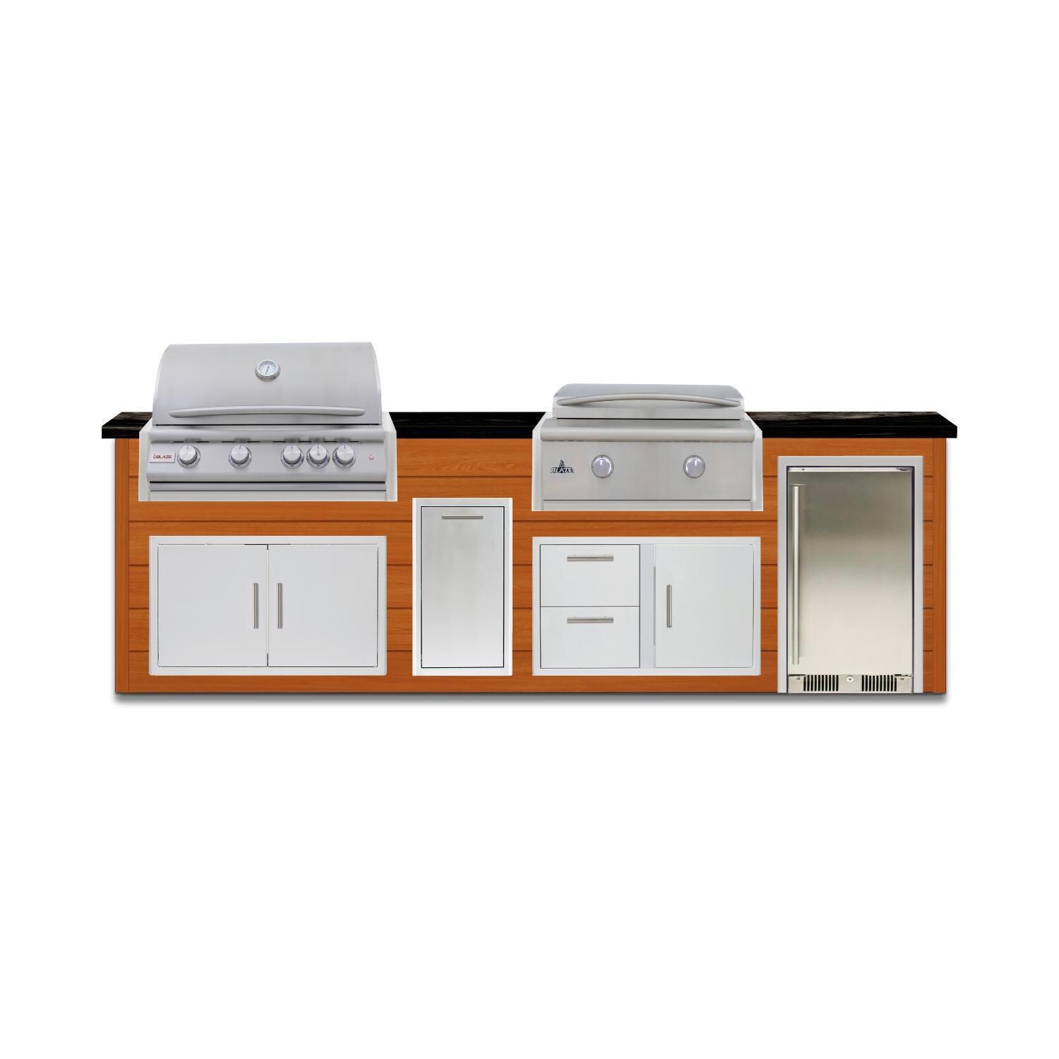 BBQGuys Signature 10 Ft Grill Island w/ 32 Inch Natural Gas Blaze Premium LTE+ Grill & Griddle, Narrow Trash Bin & Door & Drawer | Chai Cedar w/ Nero Mist Granite - Front - White Background thumbnail