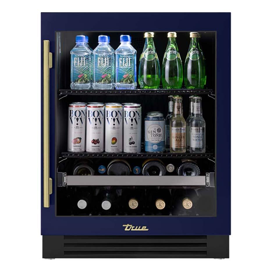 True TUBADA-24-RG-A~078-H01 ADA Height 24 Inch 105 Can 12 Bottle Right Hinge Glass Door Outdoor Beverage Center - Cobalt w/ Brass Handle - White Background thumbnail
