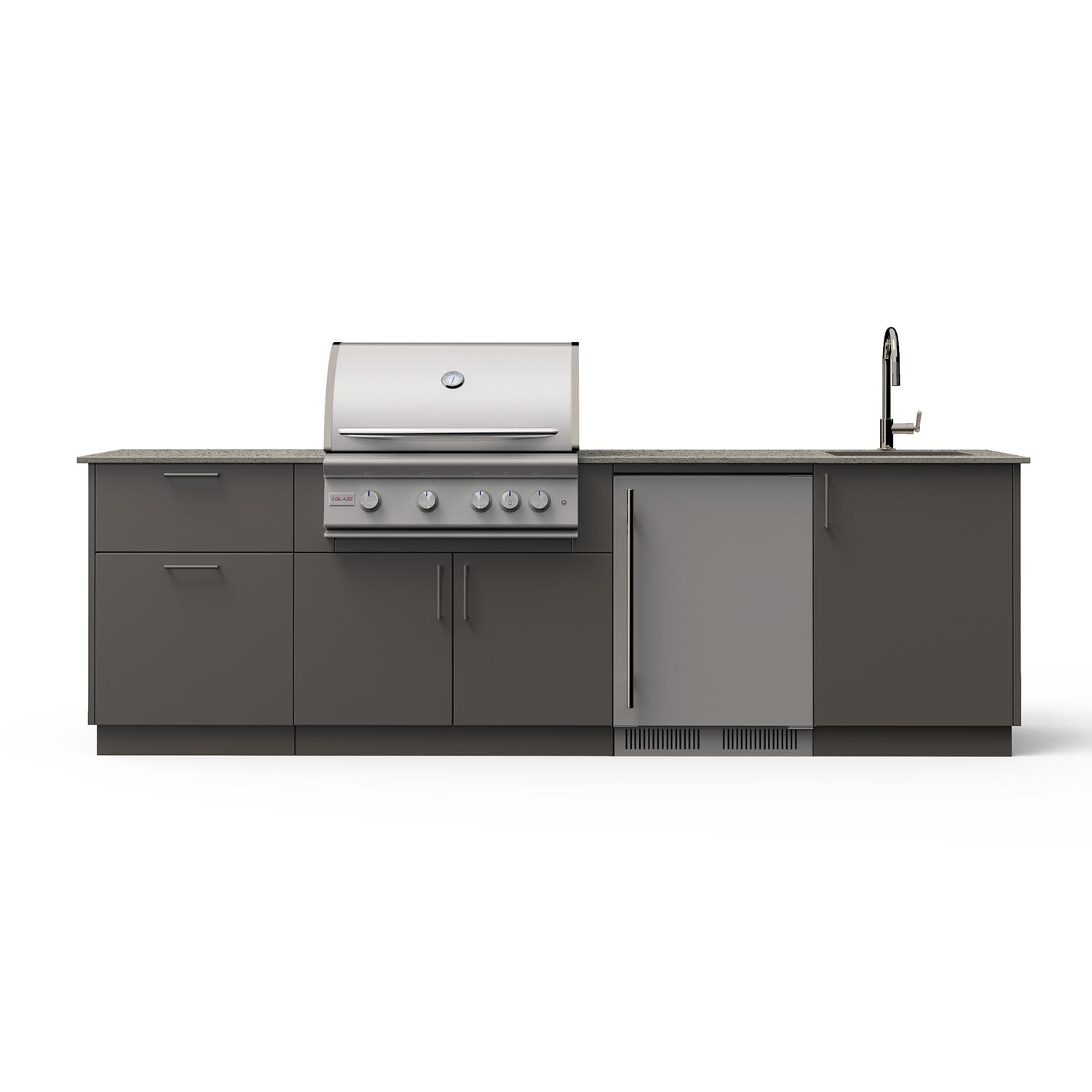 Blaze Golden Hour 10-Ft Outdoor Kitchen Island w/ 32-Inch LTE+ Natural Gas Grill, Fridge, Sink in Gunmetal w/ Keon Countertop