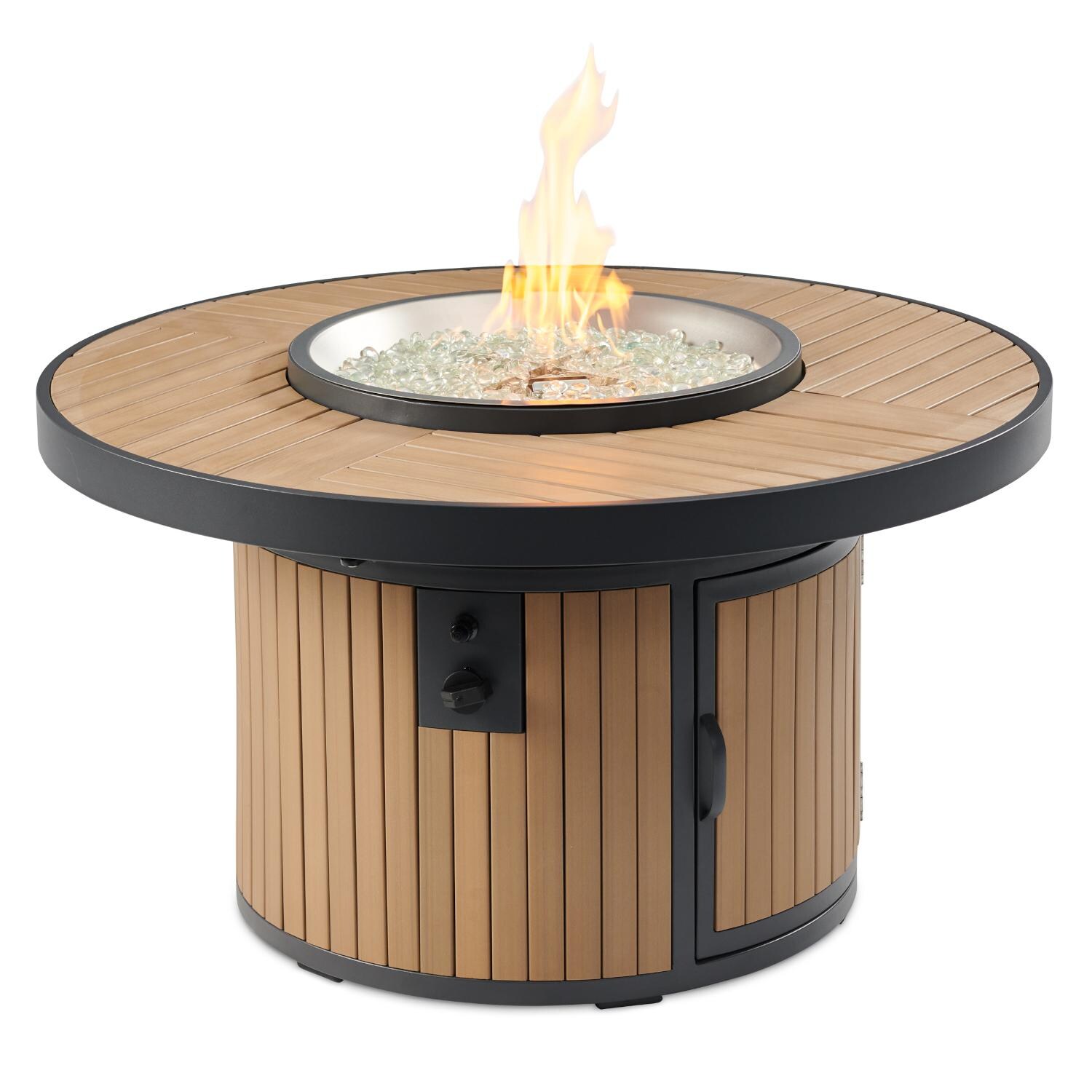 Brooks 42 Inch Round Composite Decking Natural Gas Fire Pit Table in Light Tan By The Outdoor GreatRoom Company