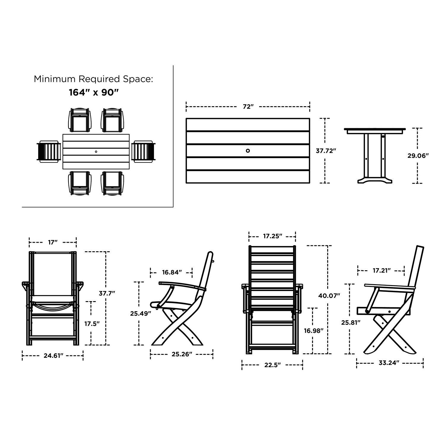 POLYWOOD x BBQGuys Creekside 7 Pc Recycled Plastic Dining Set W/ White Sling in Grey - Line Drawing - Dimensional thumbnail