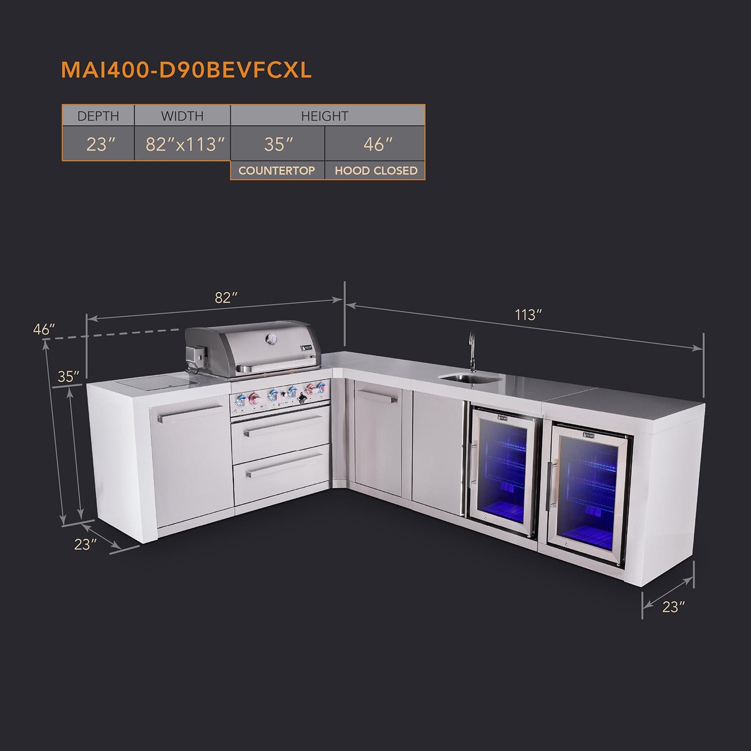 Mont Alpi Deluxe Series 9 1/2 Ft Propane Outdoor Kitchen Island w/ 32-in Grill, Side Burner, Beverage Center, Fridge & Extra Door - MAi400-D90BEVFCXL - Dimensions - Dimensional thumbnail