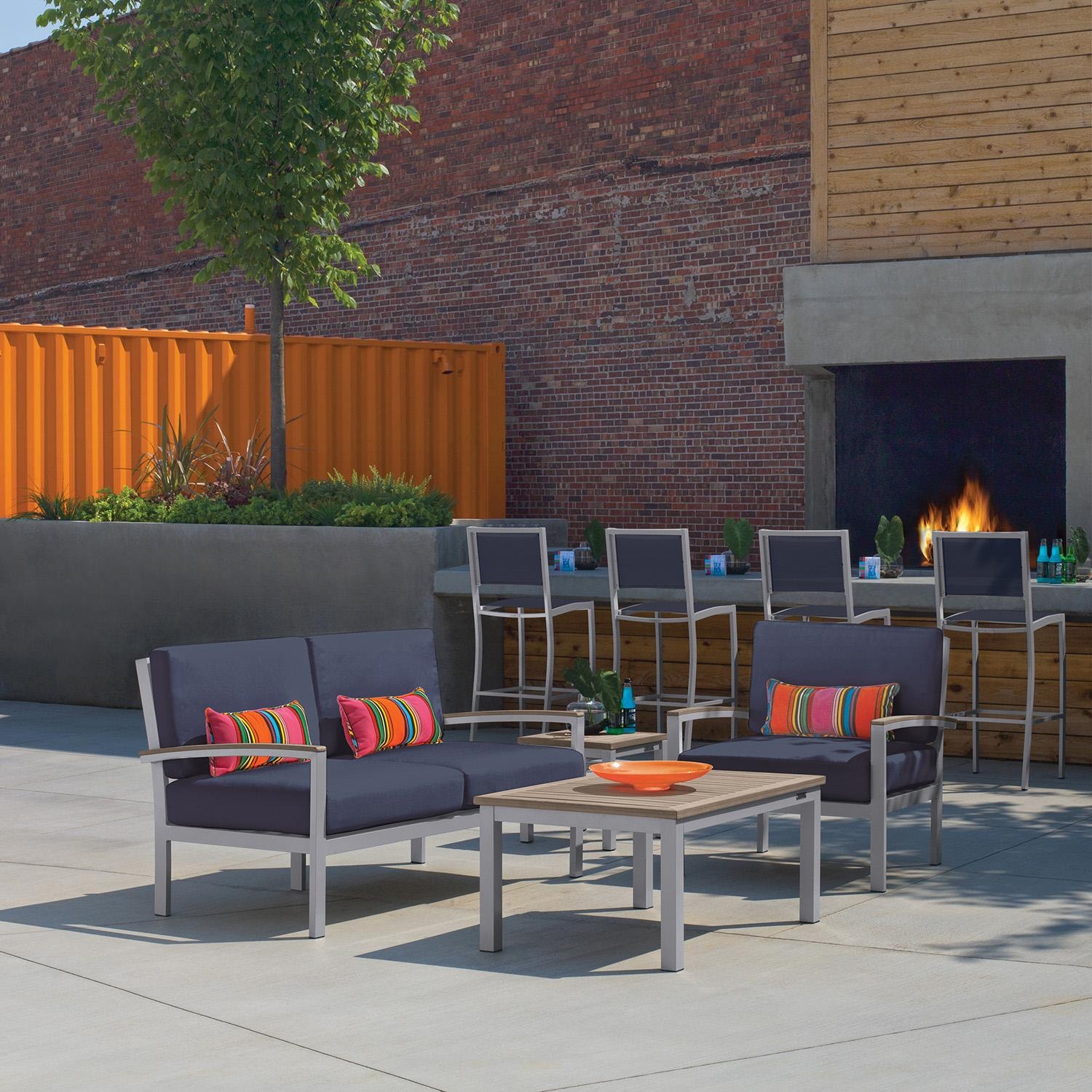 Oxford Garden Travira 4 Pc Aluminum Seating Set w/ Club Chair in Vintage Tekwood/ Midnight Blue by - 5256-PC.F