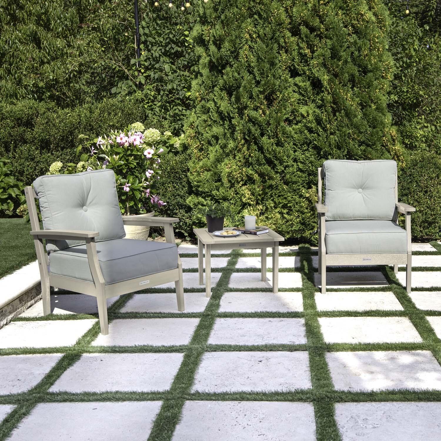 Blushing Bay 3 Pc Recycled Plastic Seating Set in Canvas Seasalt/Whitewash by Lakeview Outdoor Designs - Angled Left - Lifestyle thumbnail