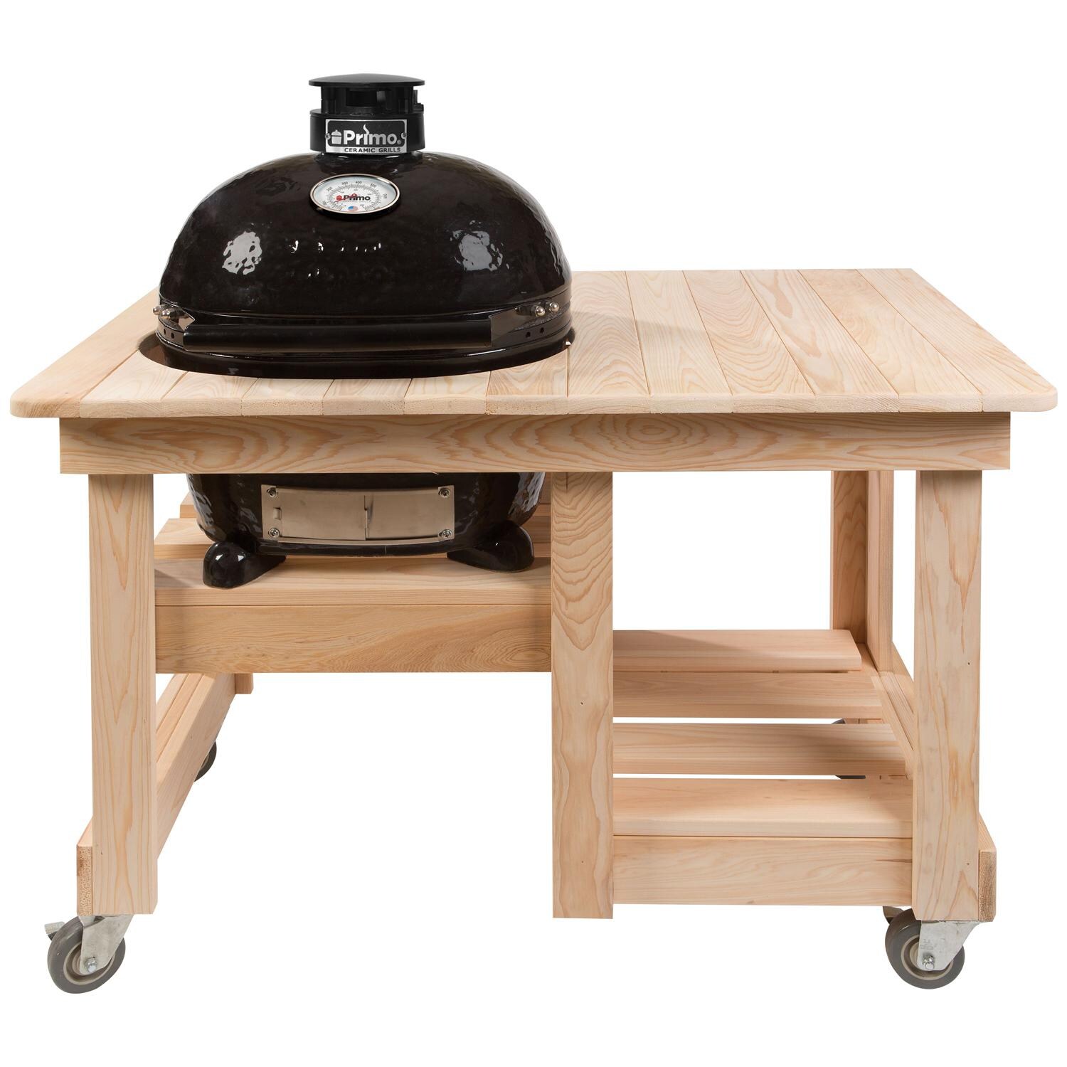 Primo PGCJRH Oval Junior 200 Ceramic Kamado Grill On Countertop Cypress Table With Stainless Steel Grates thumbnail