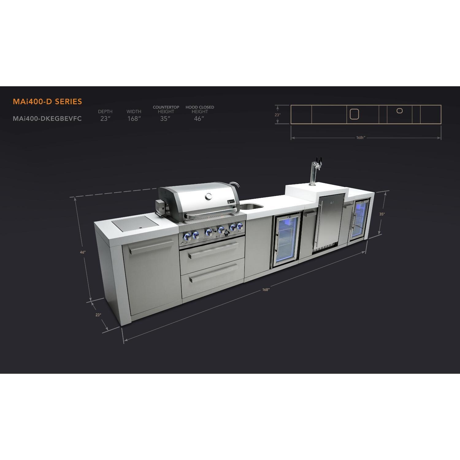 Mont Alpi MAi400-DKEGBEVFC 400 Deluxe Propane Island W/ Kegerator, Beverage Center & Fridge Cabinet - Dimensional thumbnail