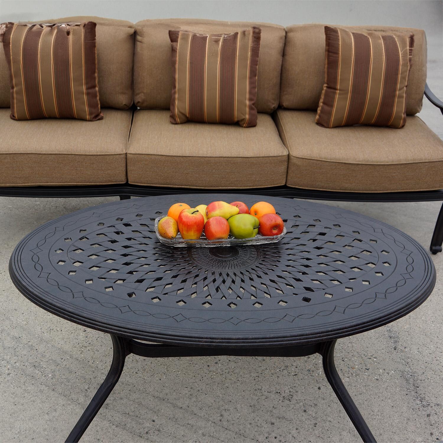 Darlee Nassau 4-Piece Patio Sofa Conversation Set (with 2 Swivel Rocker Club Chairs) with Cushions and 31 X 46 Inch Oval Coffee Table - Table - Lifestyle thumbnail