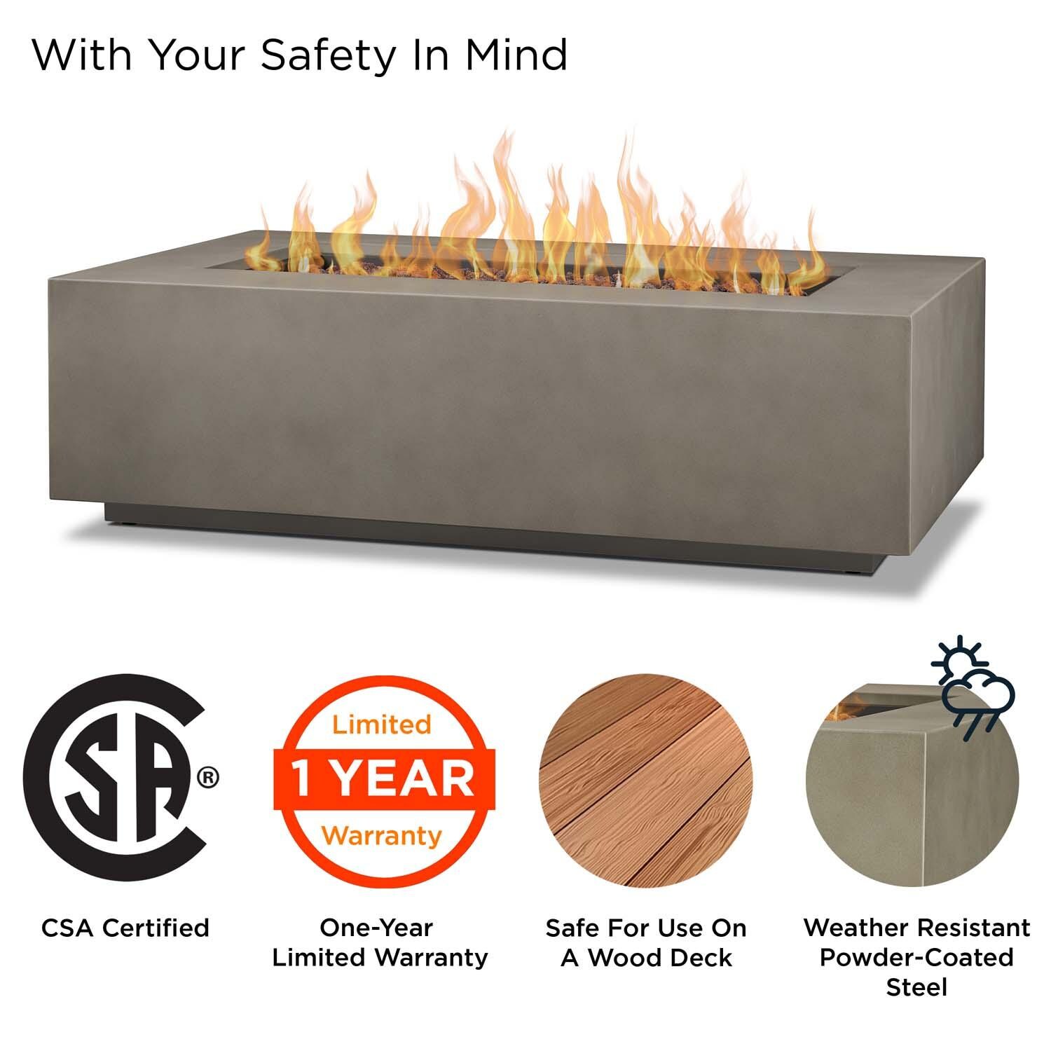 Elysian 50 Inch Rectangular Powder Coated Steel Propane Fire Pit Table in Mist Gray by Lakeview Outdoor Designs - Safety thumbnail