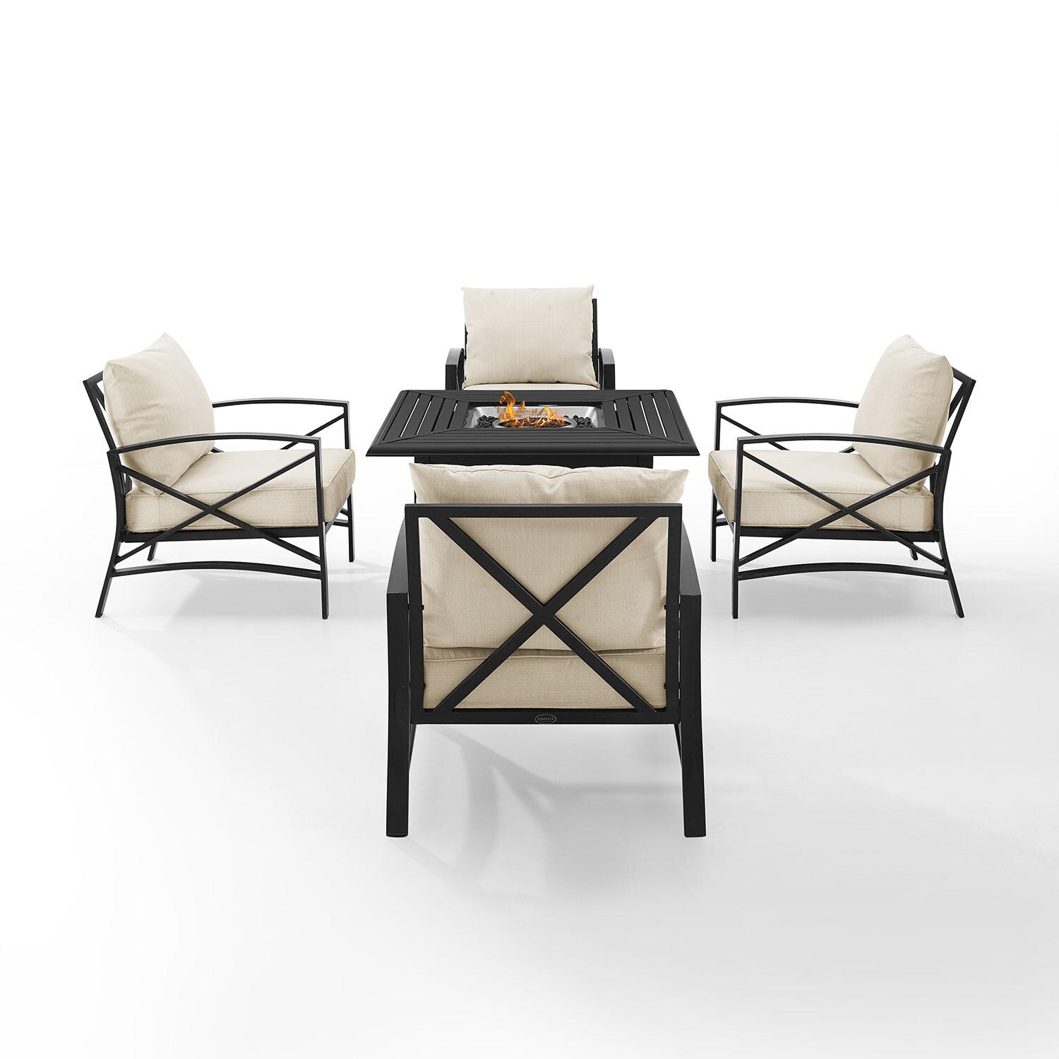 Ultimate Patio UP-82268BZ-OL 5Pc Outdoor Chair Set W/ Fire Table in Oatmeal - Front View W/ Fire Table On - White Background thumbnail