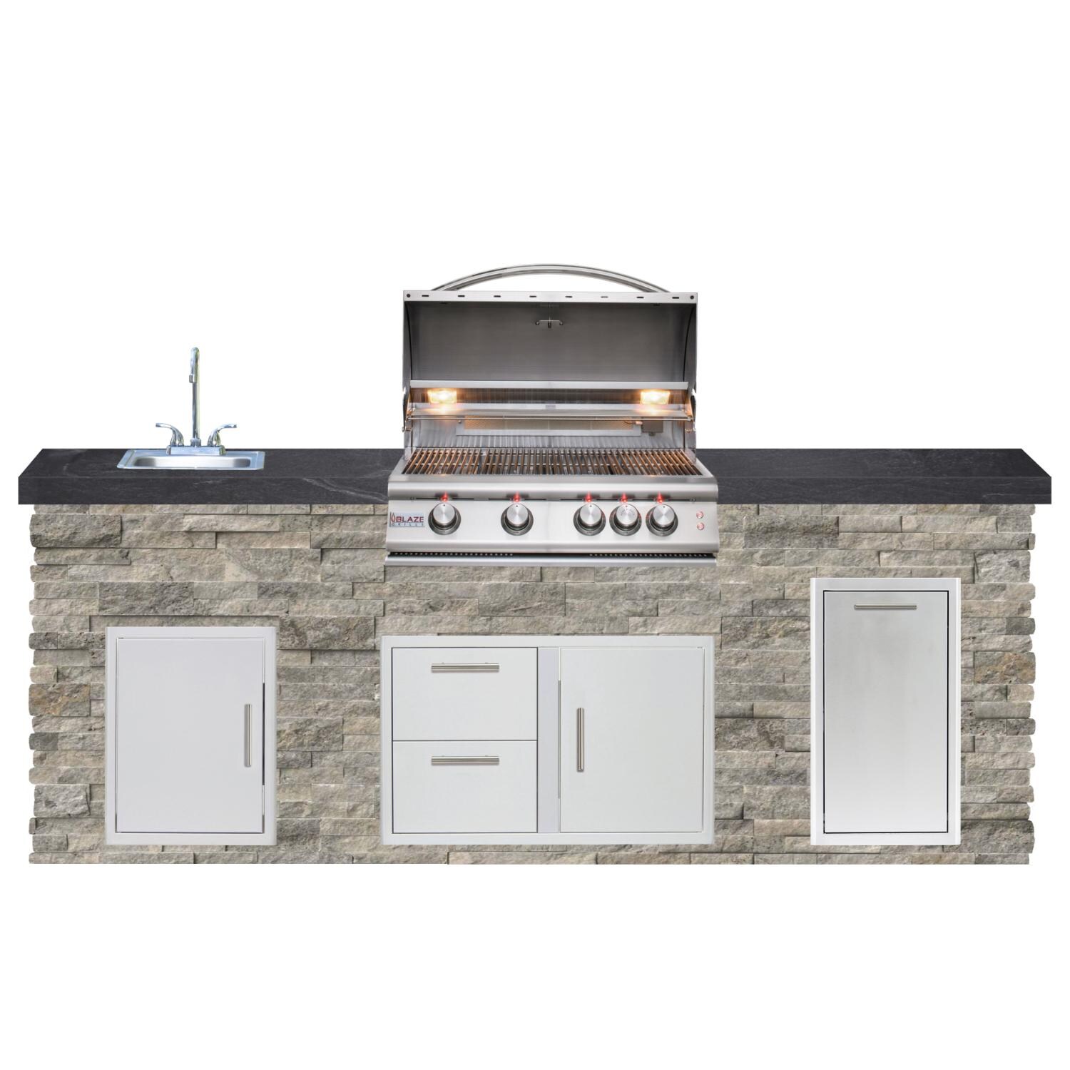 BBQGuys Signature 8ft Luxury Outdoor Island W/ Blaze Premium LTE 32-Inch Propane Grill & Summerset 15-Inch Sink - Silver Travertine Stone W/ Black Polished Granite