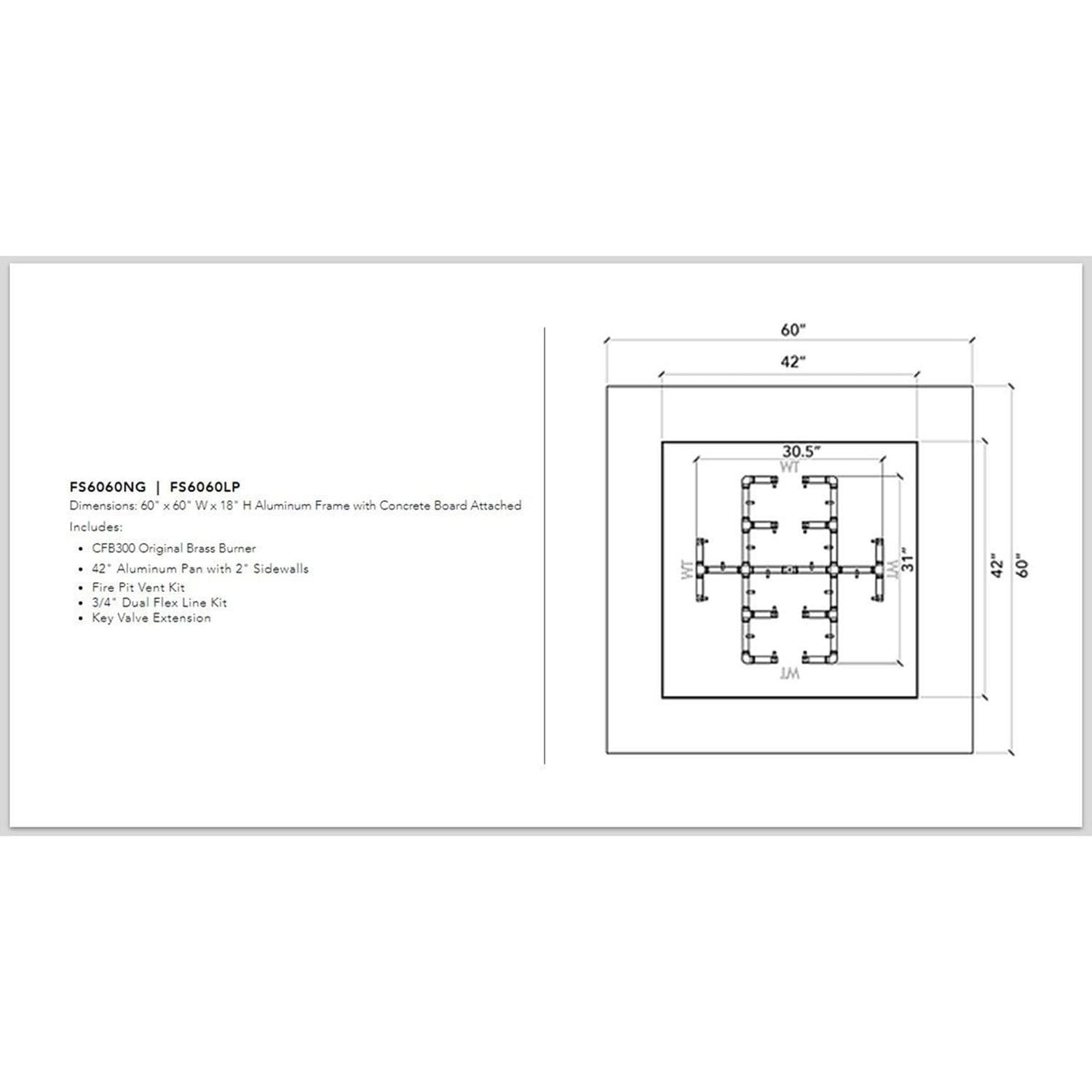 Warming Trends FS6060 Square 60 Inch Natural Gas Ready To Finish Fire Pit Kit - Measurements thumbnail