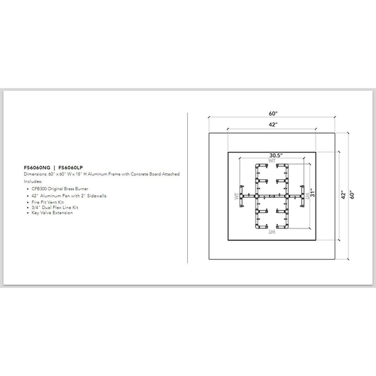 Warming Trends FS6060 Square 60 Inch Natural Gas Ready To Finish Fire Pit Kit - Measurements thumbnail