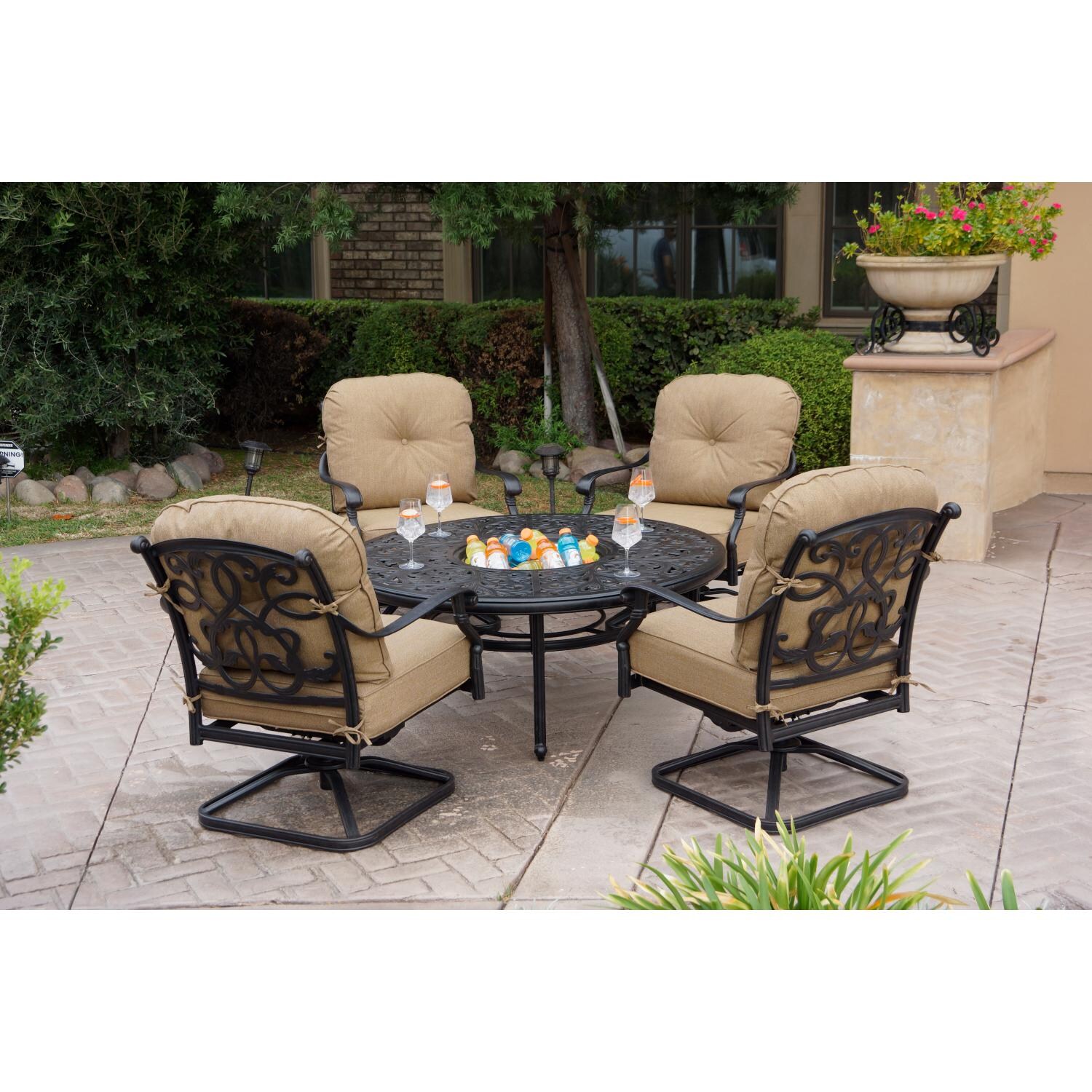 Darlee DL2056-5PCR-80Q Santa Monica 5 Piece Cast Aluminum Patio Conversation Swivel Club Chair Seating Set W/ Ice Bucket Insert & Sesame Cushions - Lifestyle thumbnail