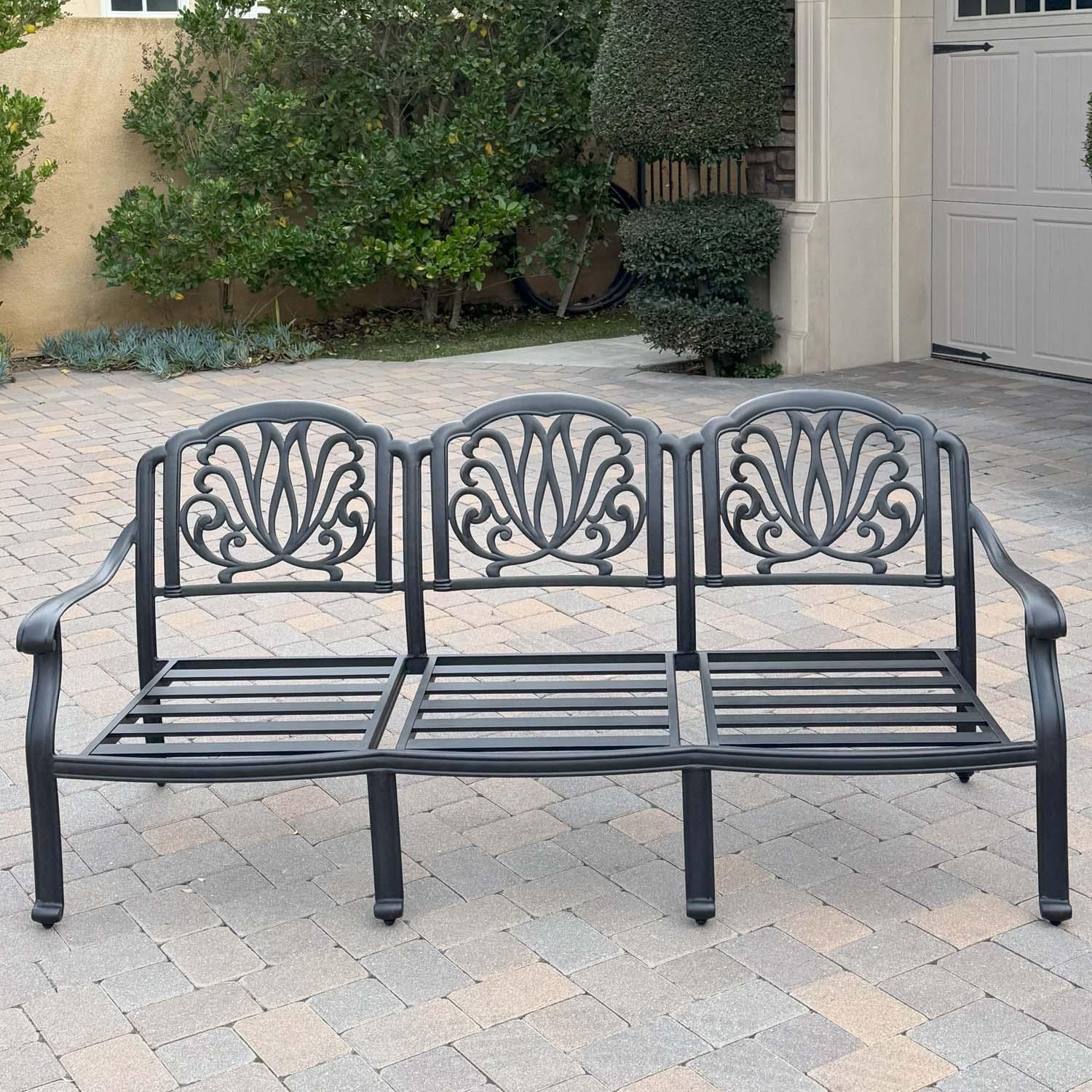 Darlee Elisabeth 5 Pc Cast Aluminum Seating Set w/ Series 30 Coffee Table & End Table in Antique Bronze/Beige Canvas - Sofa w/ no Cushions - Lifestyle thumbnail