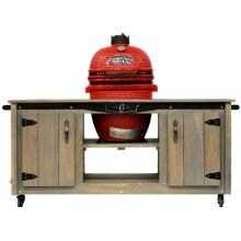 Gourmet Guru Ceramic Kamado Grill On Cypress Wood Deluxe Cabinet - Red image