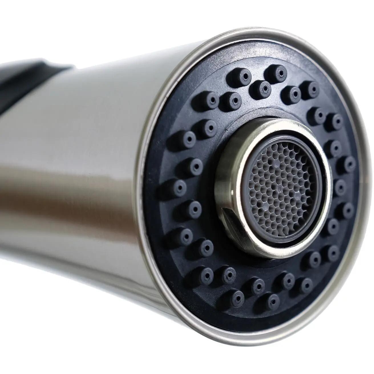 BBQGuys Signature BBQ-AP3322S-RD + BBQ-N88502B5-BN 33 X 22 Outdoor Rated Stainless Steel Farmhouse Sink W/ Pull-Down Coil Spring Hot/Cold Faucet Sink Grid & Strainer - Nozzle Detail thumbnail